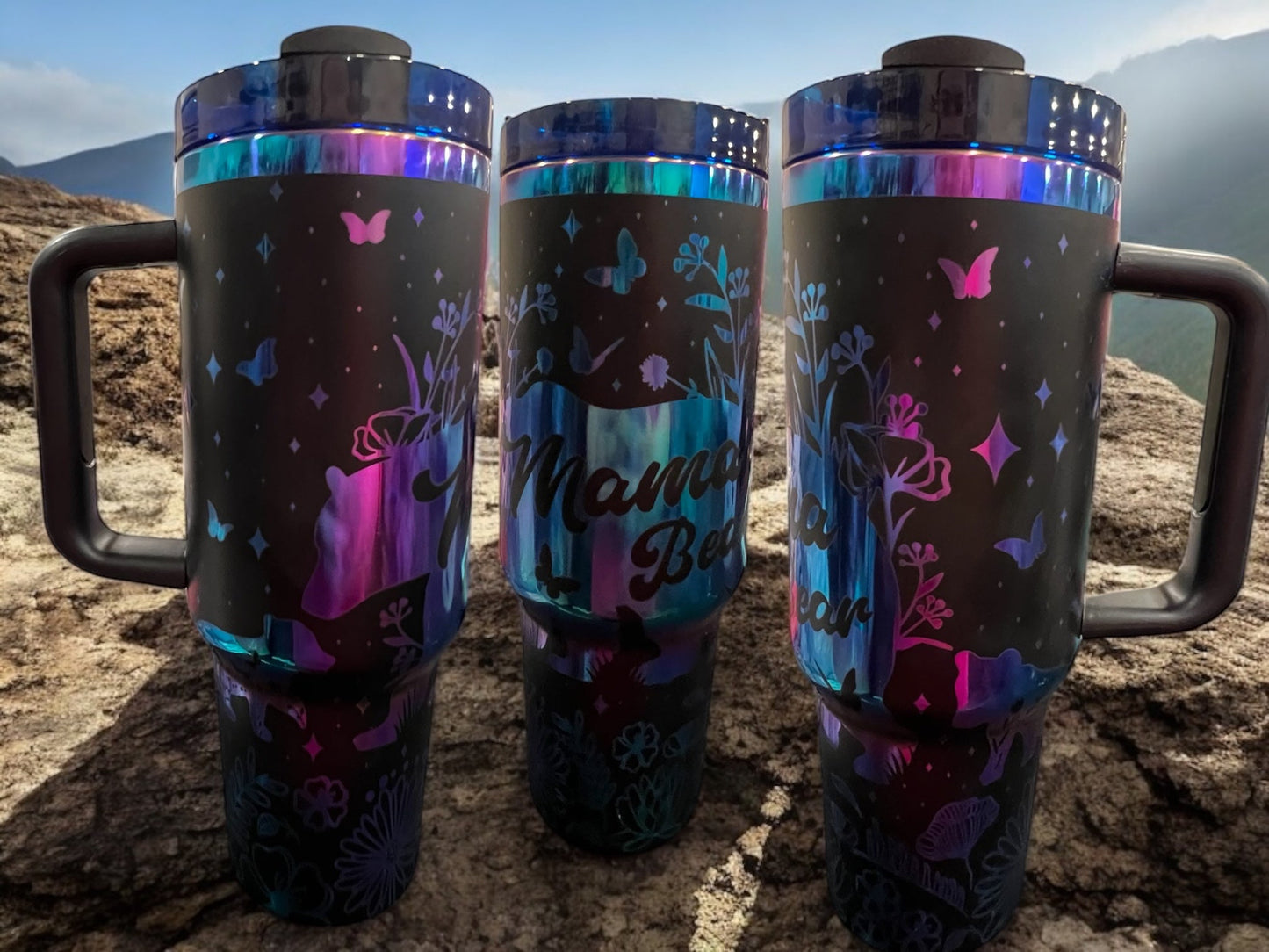 Engraved Rainbow Mama Bear with 2 cubs- 40oz Stainless Steel Portable Cup with Handle -