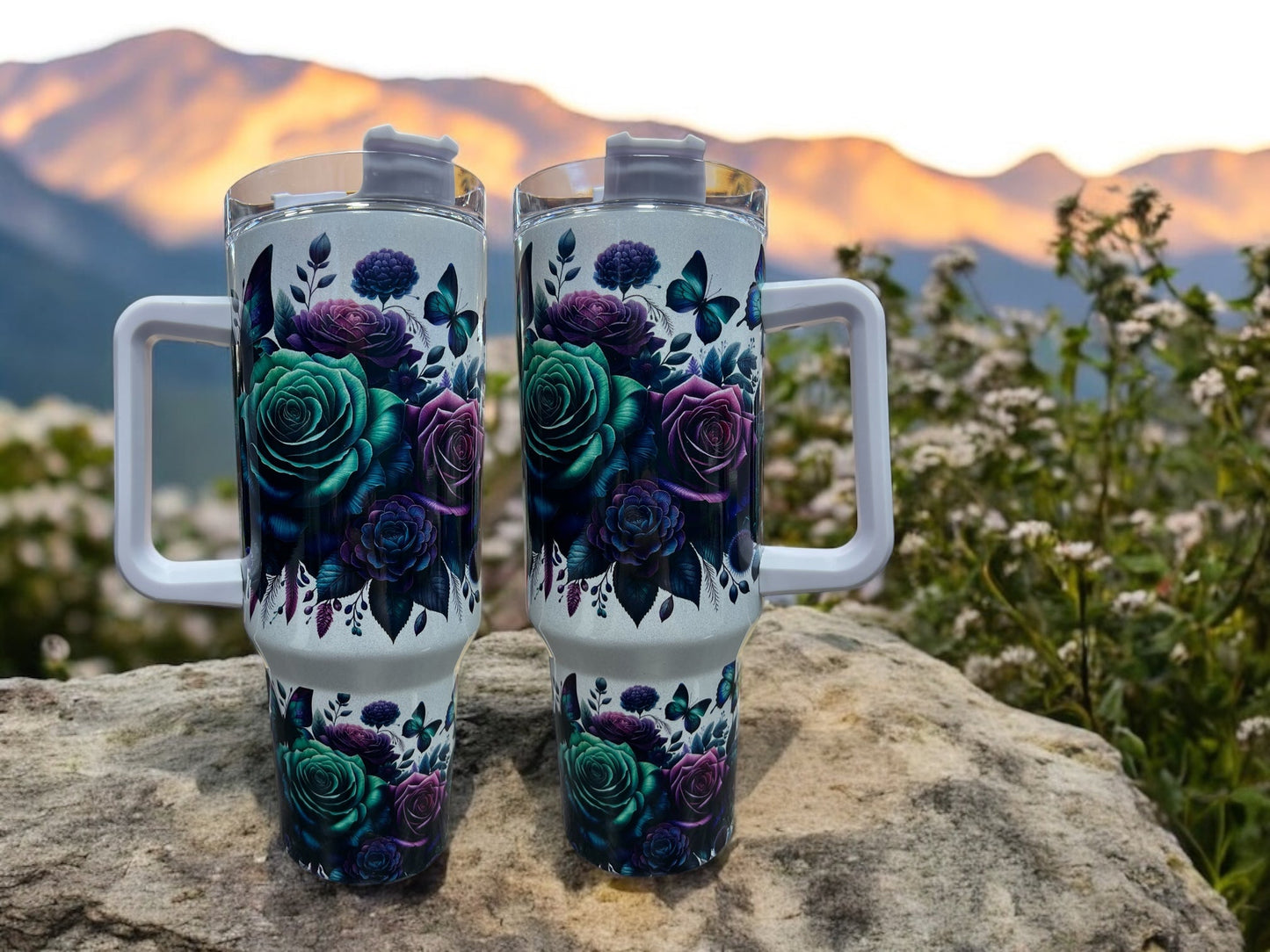 Butterflies and Flowers purple/Teal Holographic Sparkle 40oz Cup Water Bottles - Reusable Portable Drinkware for Everyday Use