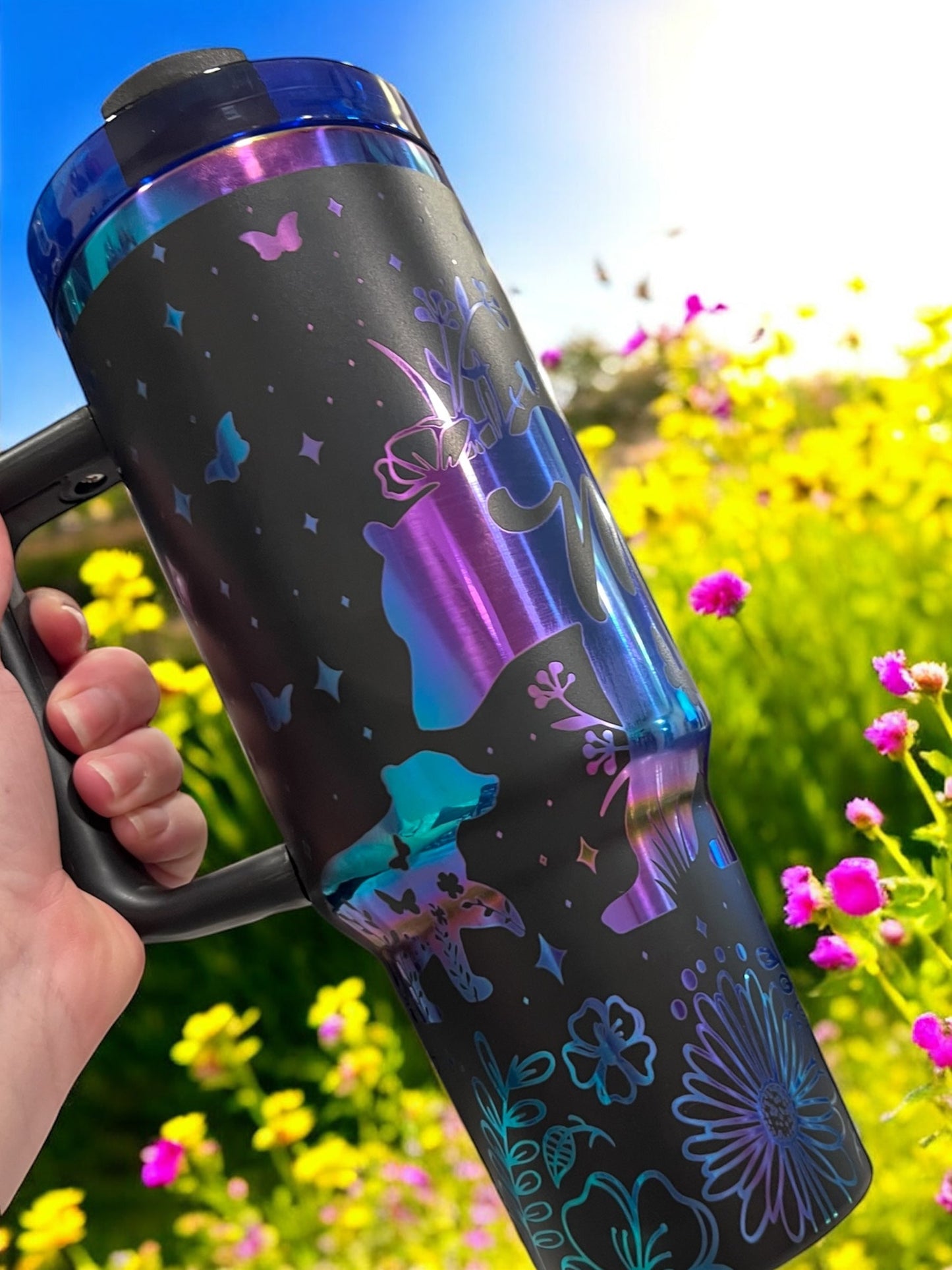 Engraved Rainbow Mama Bear with 2 cubs- 40oz Stainless Steel Portable Cup with Handle -