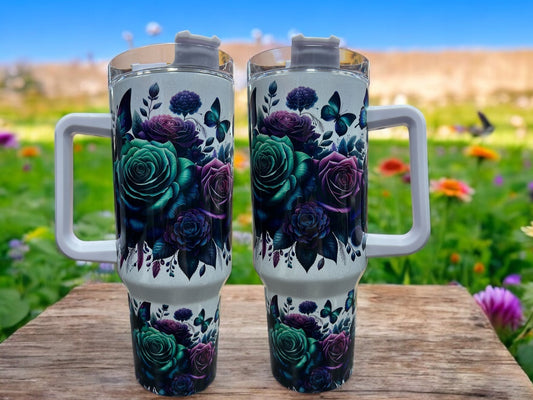 Butterflies and Flowers purple/Teal Holographic Sparkle 40oz Cup Water Bottles - Reusable Portable Drinkware for Everyday Use