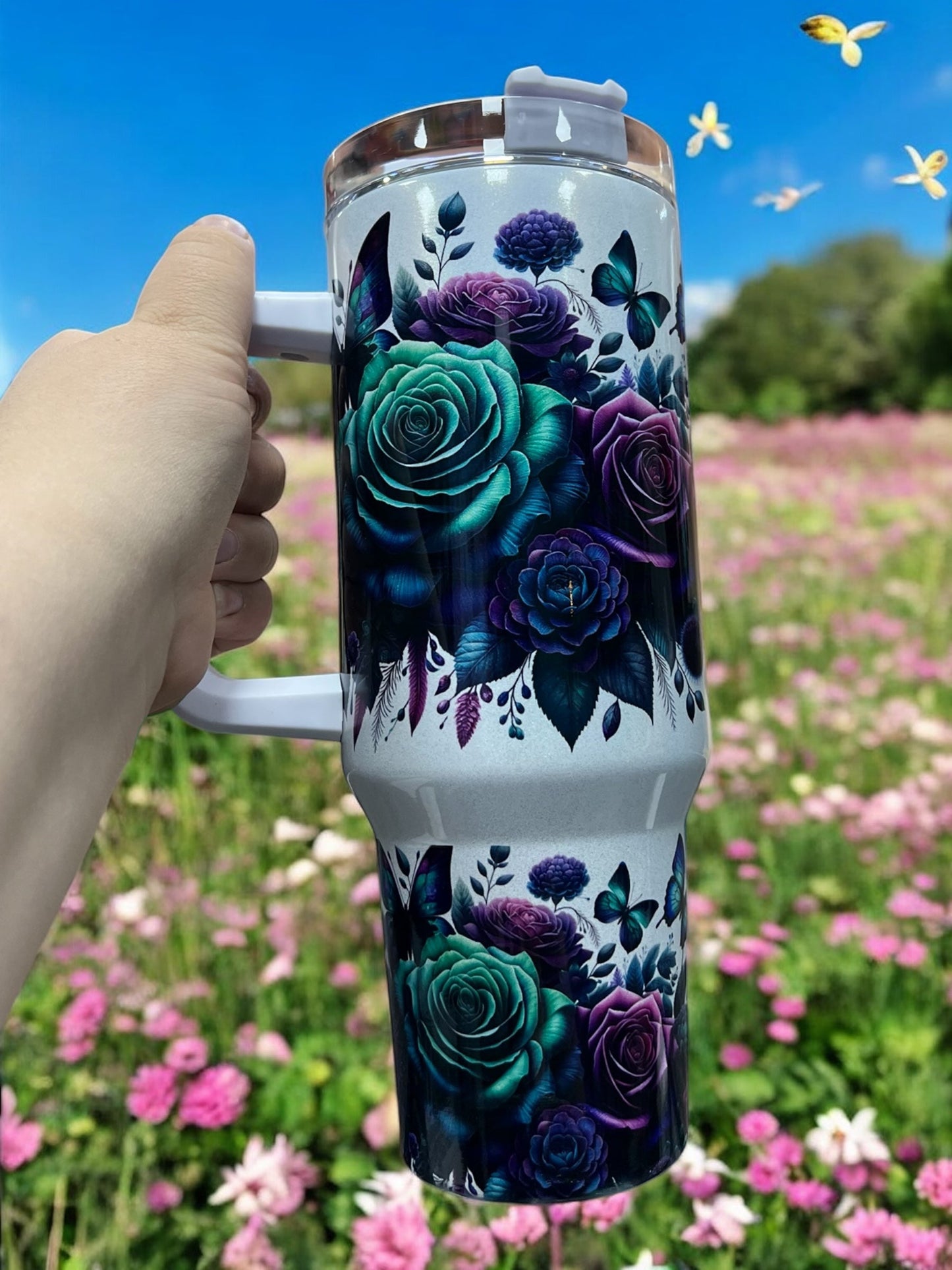 Butterflies and Flowers purple/Teal Holographic Sparkle 40oz Cup Water Bottles - Reusable Portable Drinkware for Everyday Use