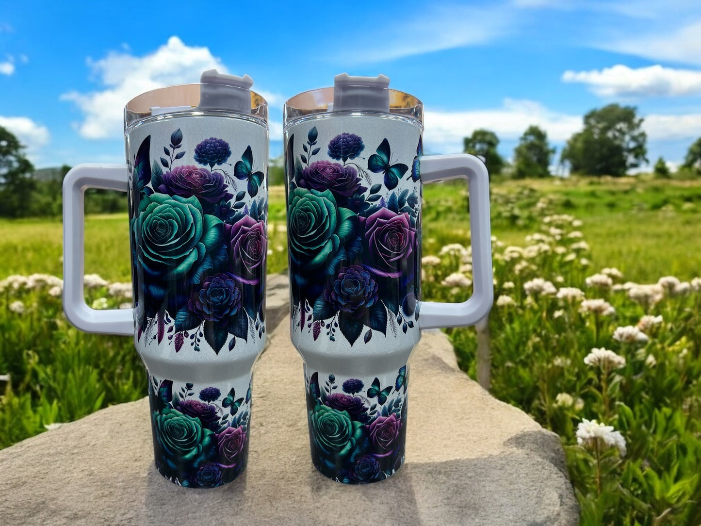 Butterflies and Flowers purple/Teal Holographic Sparkle 40oz Cup Water Bottles - Reusable Portable Drinkware for Everyday Use