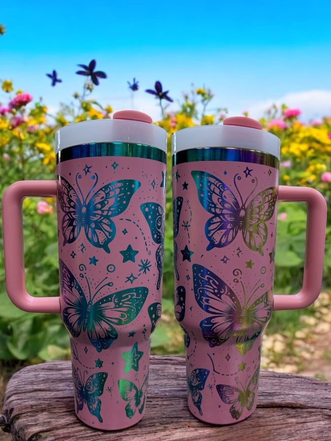 Butterfly Engraved Rainbow 40oz Stainless Steel Thirst Quencher Travel Cup Tumblers