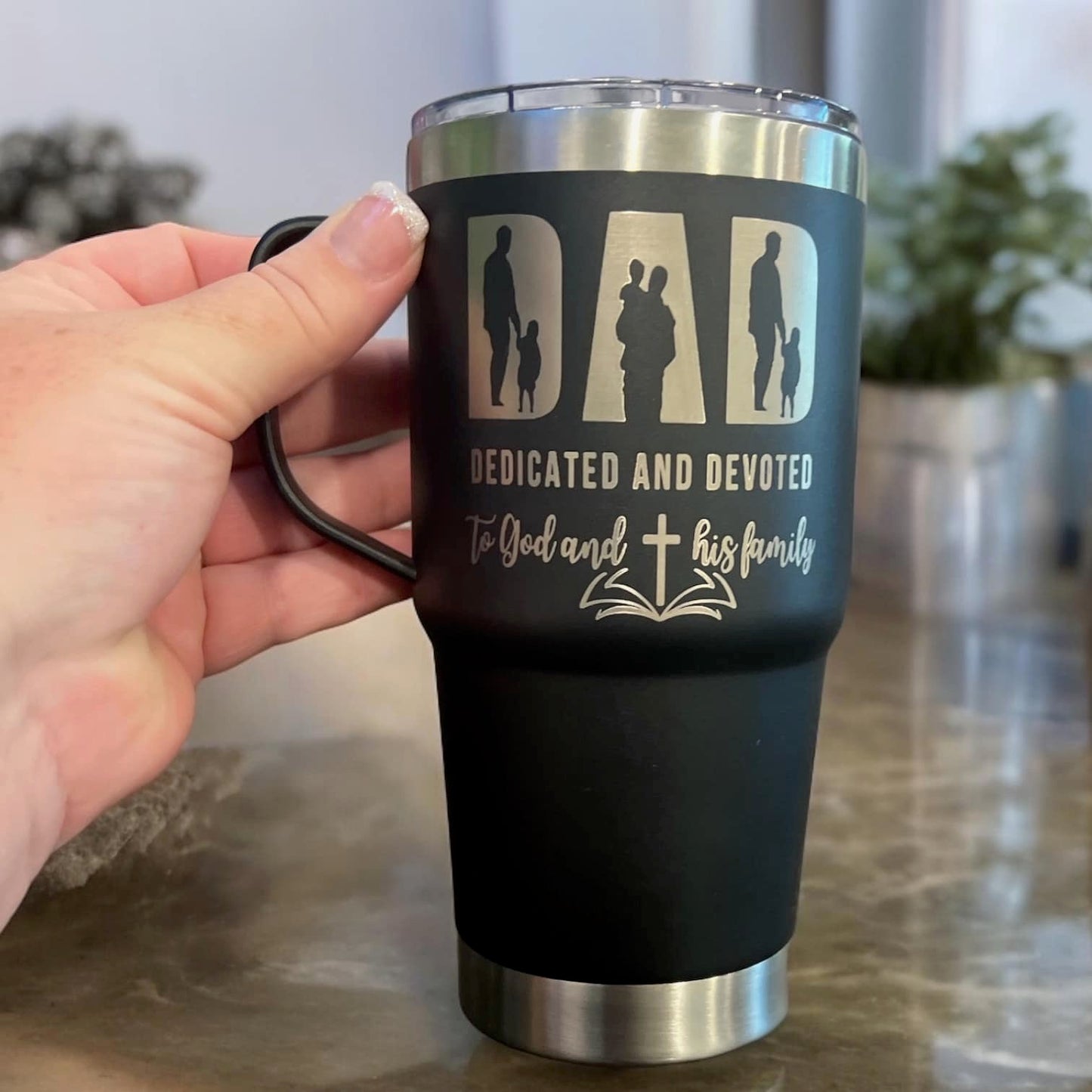20oz Double-Walled Stainless Steel Travel Mug engraved with: “Dedicated Dad to God and His Family”