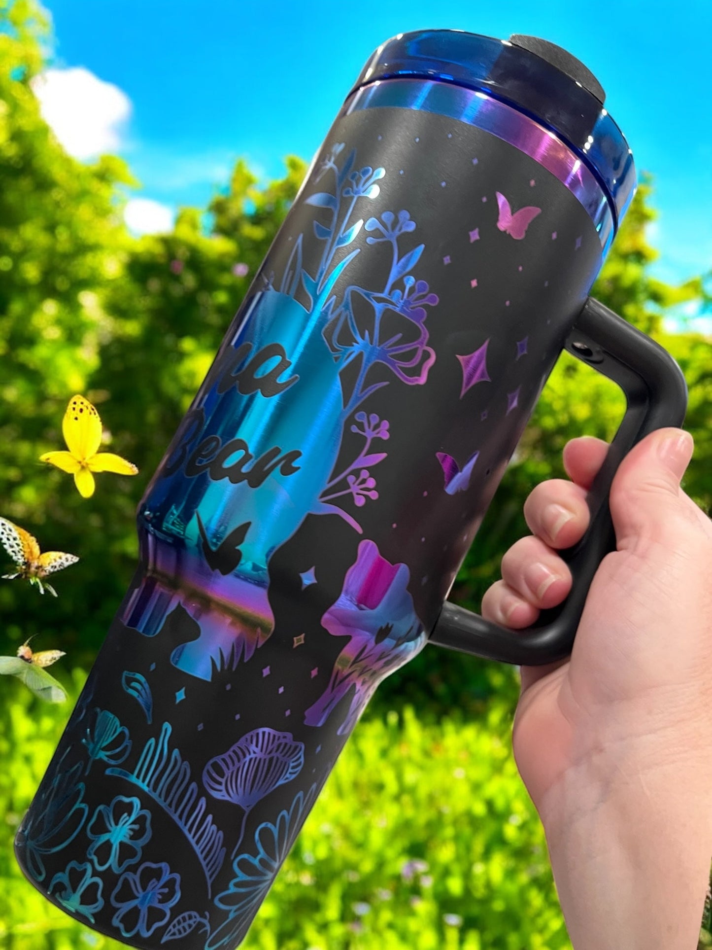 Engraved Rainbow Mama Bear with 2 cubs- 40oz Stainless Steel Portable Cup with Handle -