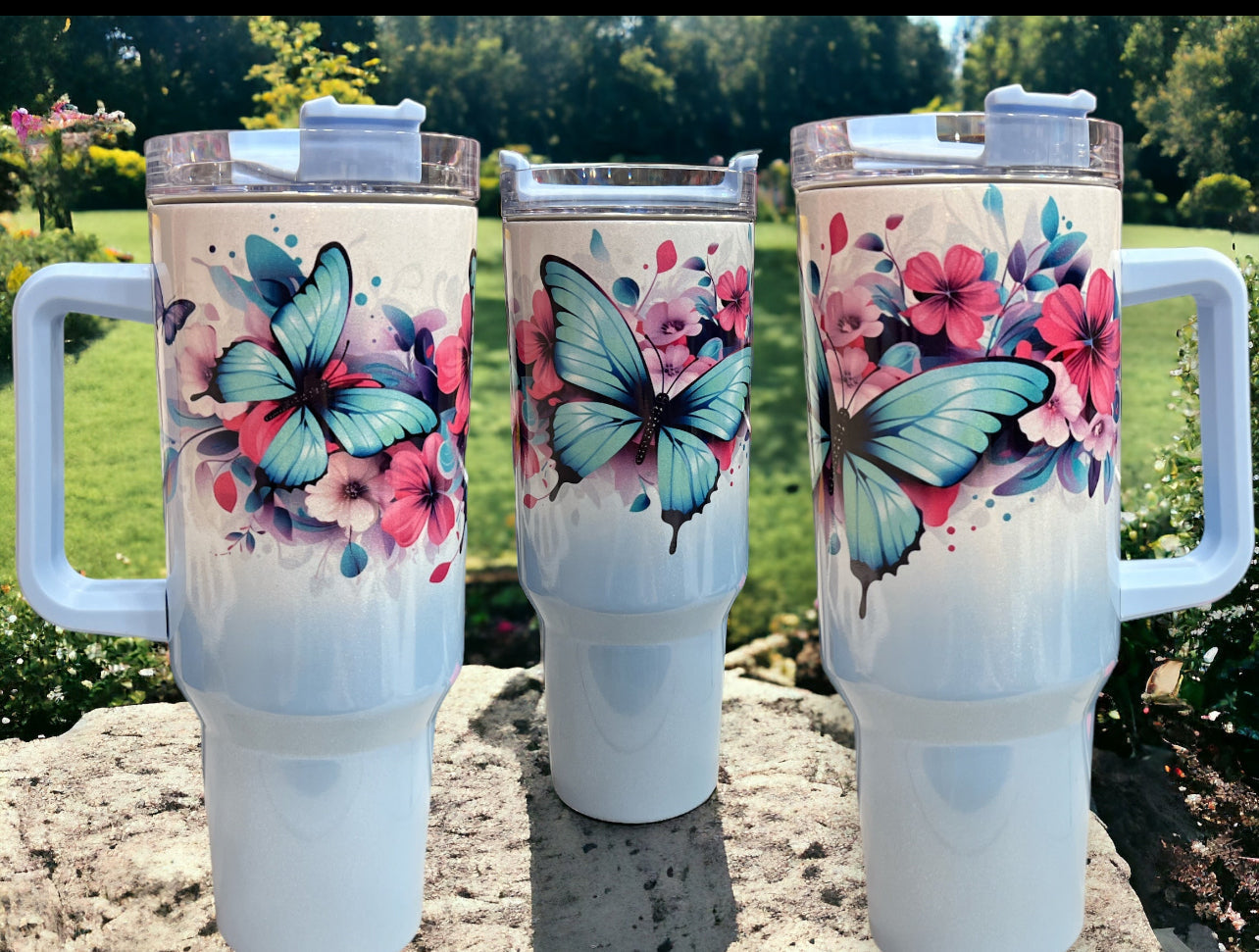 40oz Stanley Style Thirst Quencher Tumblers -butterflies holographic sparkle