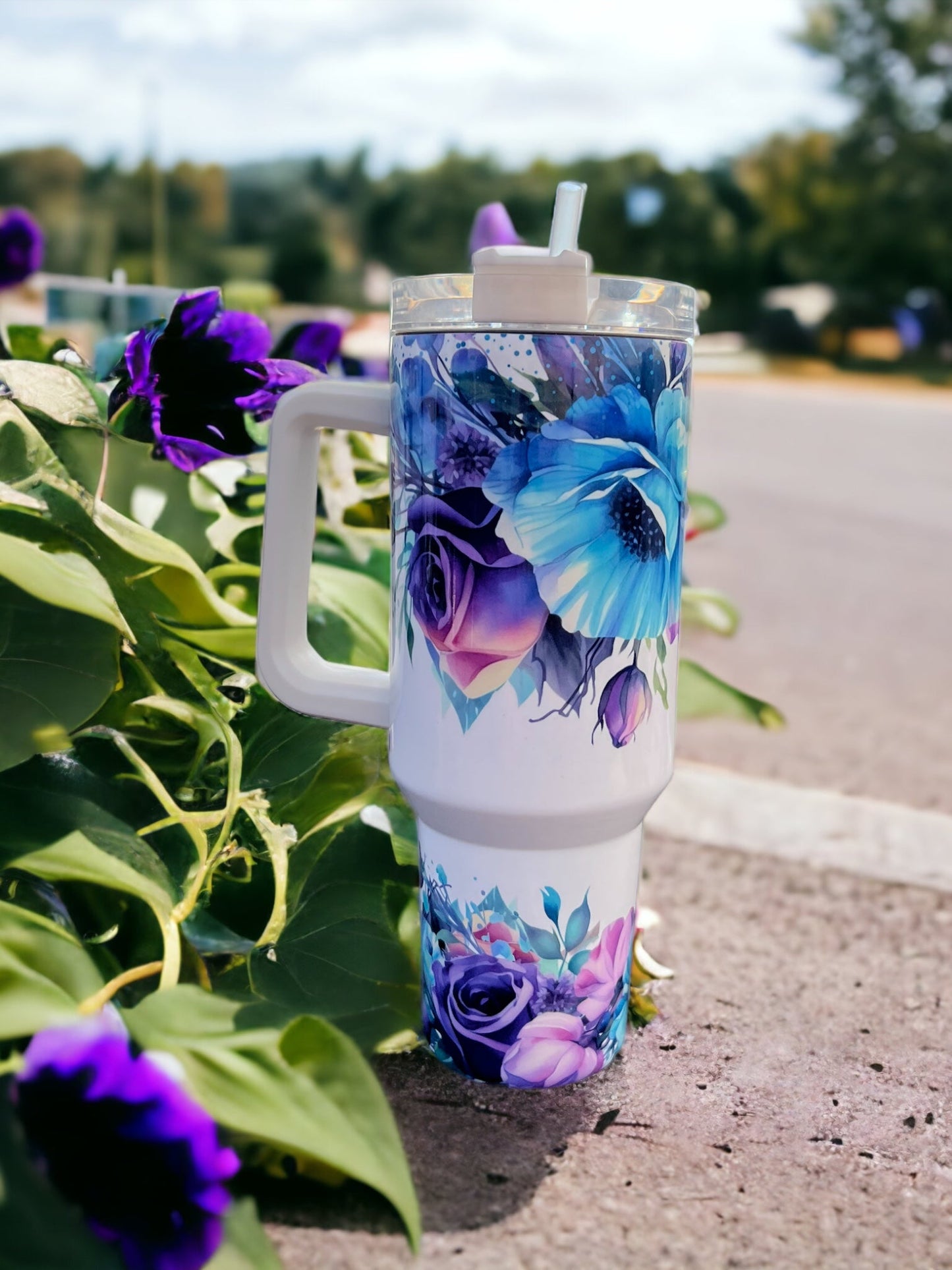 40oz Stanley Style Thirst Quencher Tumblers - Purple Blue Flowers