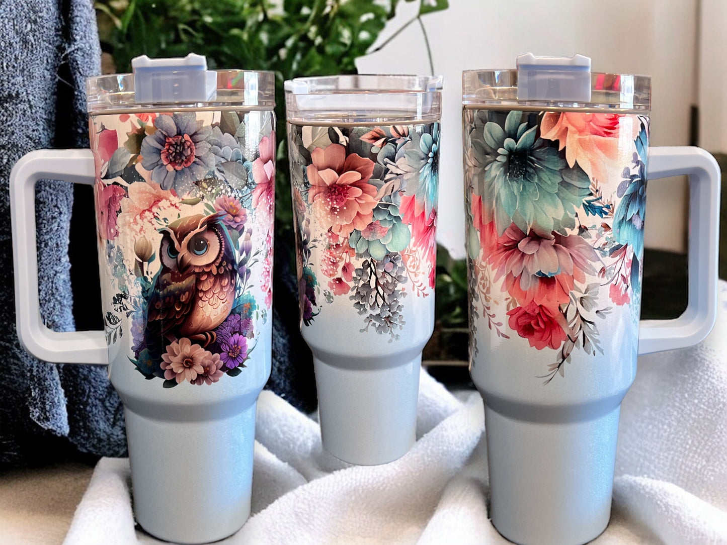 Nature-Inspired Elegance – 40oz Stainless Steel Thirst Quencher with Owl & Flowers Design