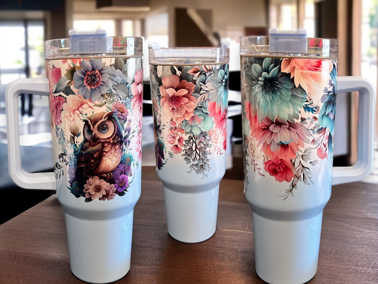 Nature-Inspired Elegance – 40oz Stainless Steel Thirst Quencher with Owl & Flowers Design