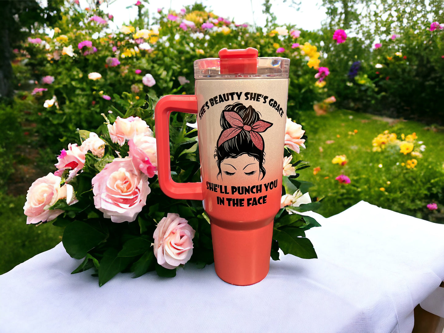 40oz Stanley Style Thirst Quencher Tumblers - she’s beauty she’s grace she’ll punch you in the face- pink /white holographic shimmer