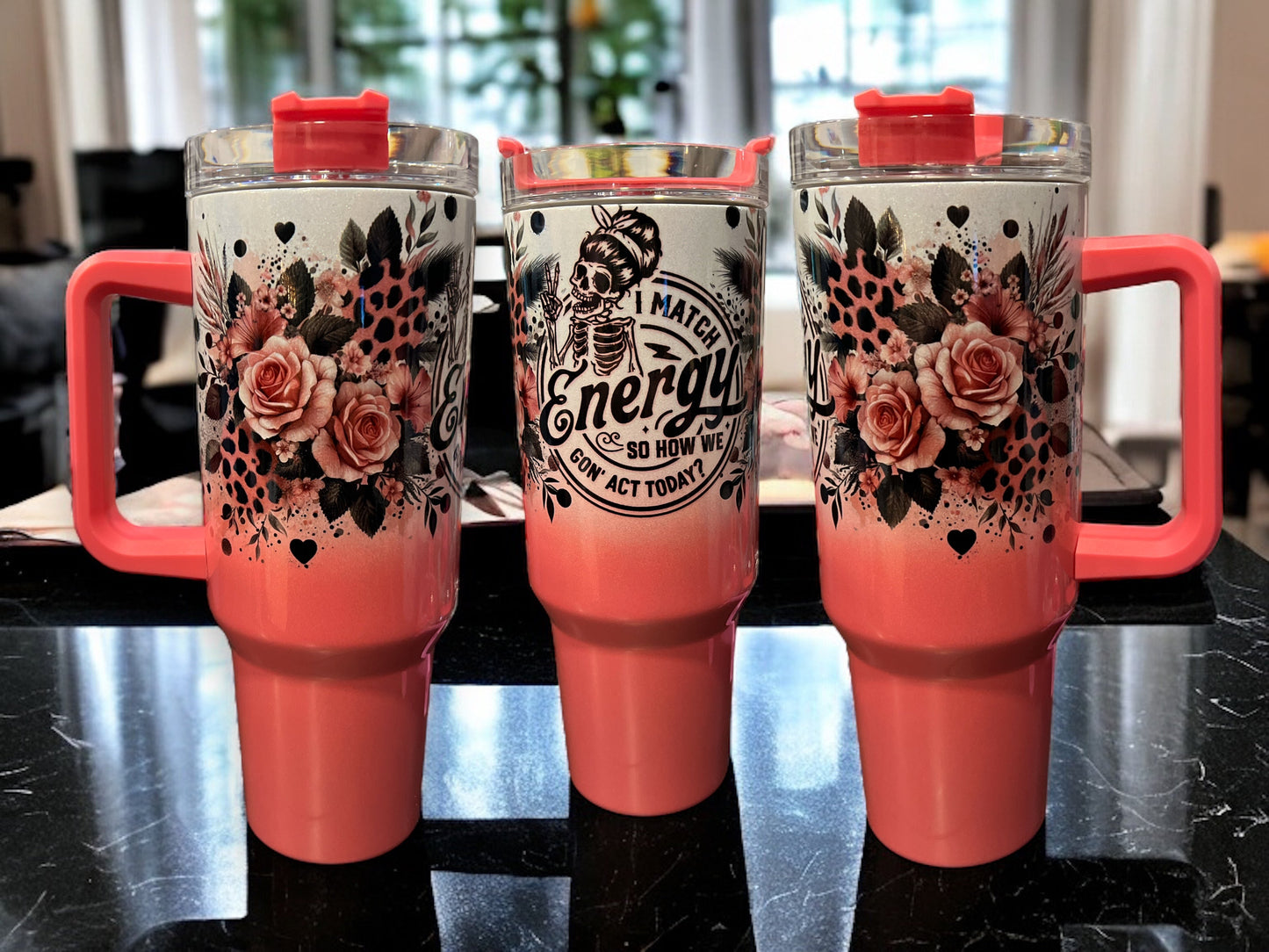 40oz Thirst Quencher Tumblers -I match energy, so how we gonna act today, pink/white holographic sparkle