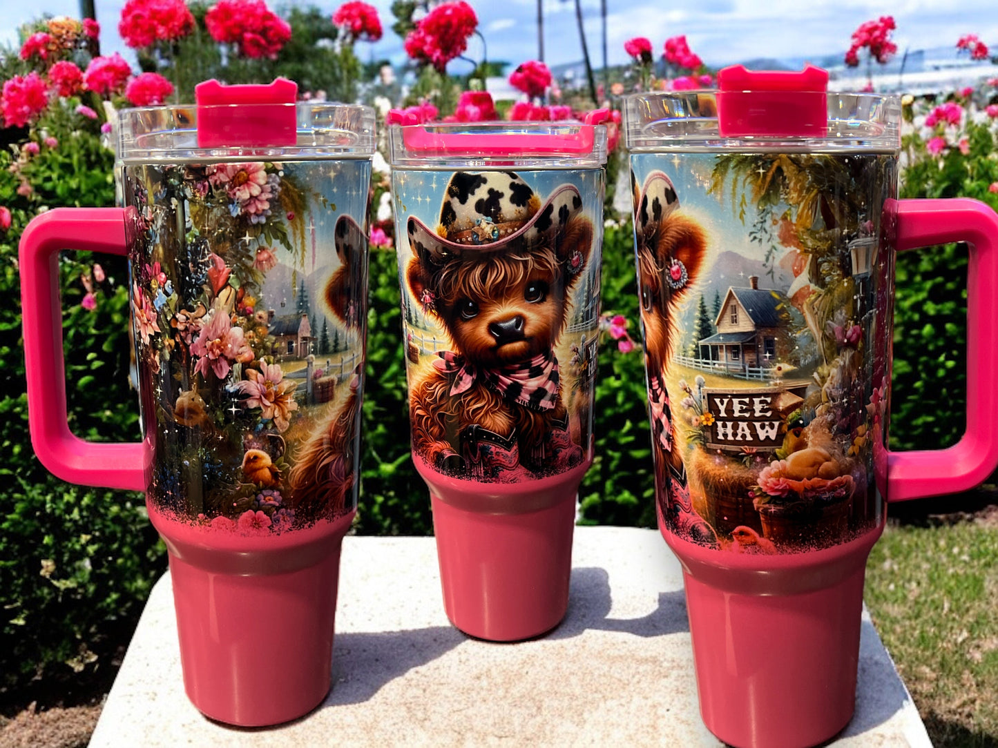 40oz Stanley Style Thirst Quencher Tumblers -cute cow with boots and hat-pink/white holographic sparkle