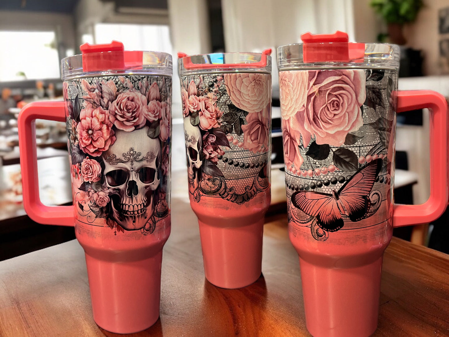 40oz Stanley Style Thirst Quencher Tumblers -holographic sparkle light pink/white - skulls pink flowers 