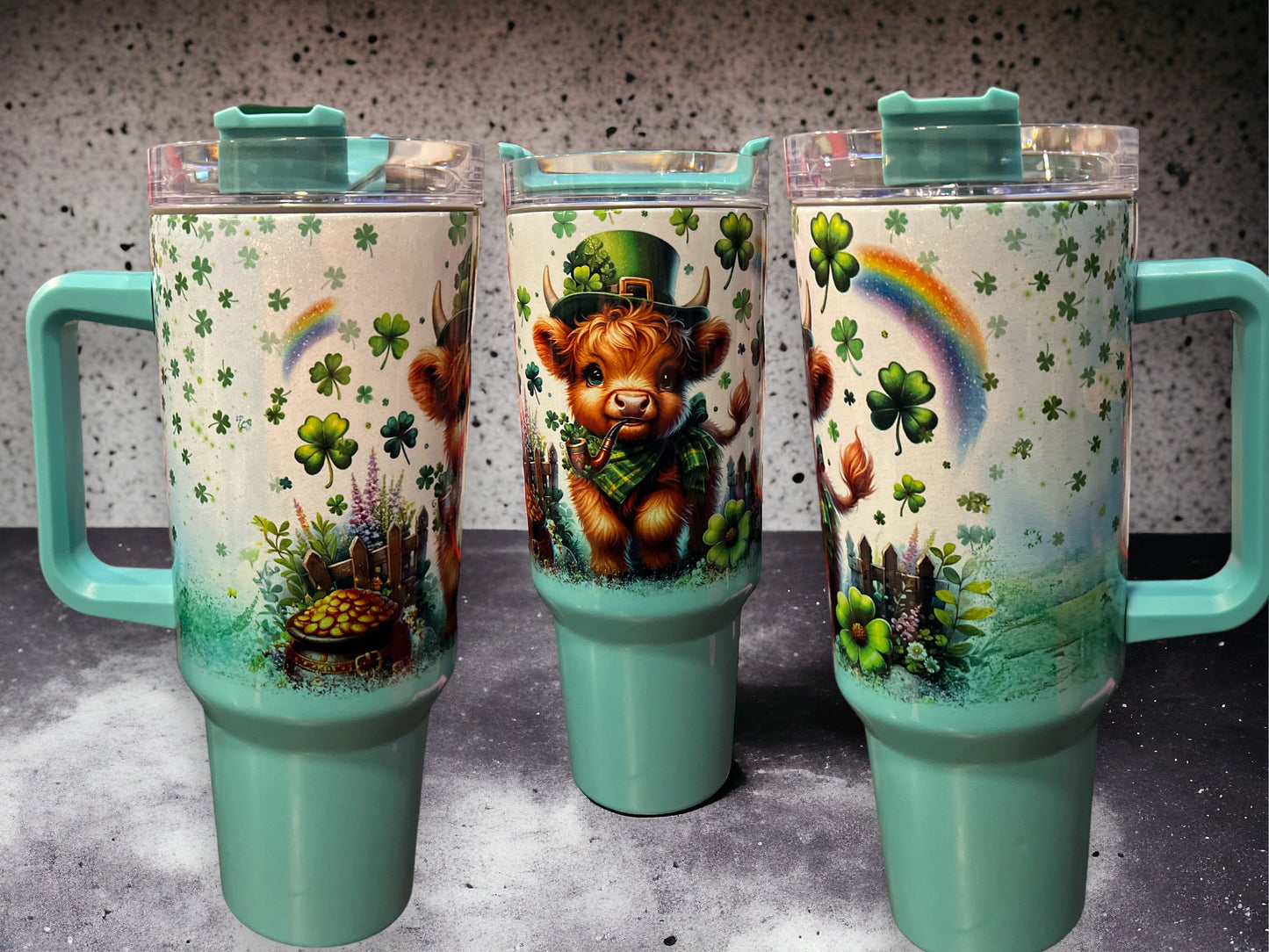 40oz Stanley Style Thirst Quencher Tumblers -st. Patrick’s Day cow, -teal/white holographic sparkle