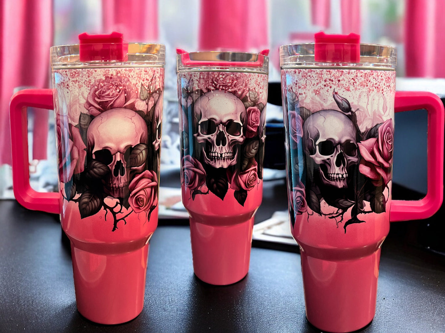 40oz Stanley Style Thirst Quencher Tumblers -holographic sparkle light pink/white - skulls pink roses