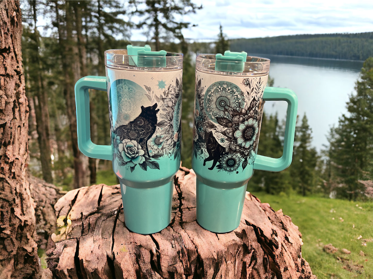 Wolf’s flowers holographic shimmer 40oz Stainless Steel Thirst Quencher Travel Cup Tumblers