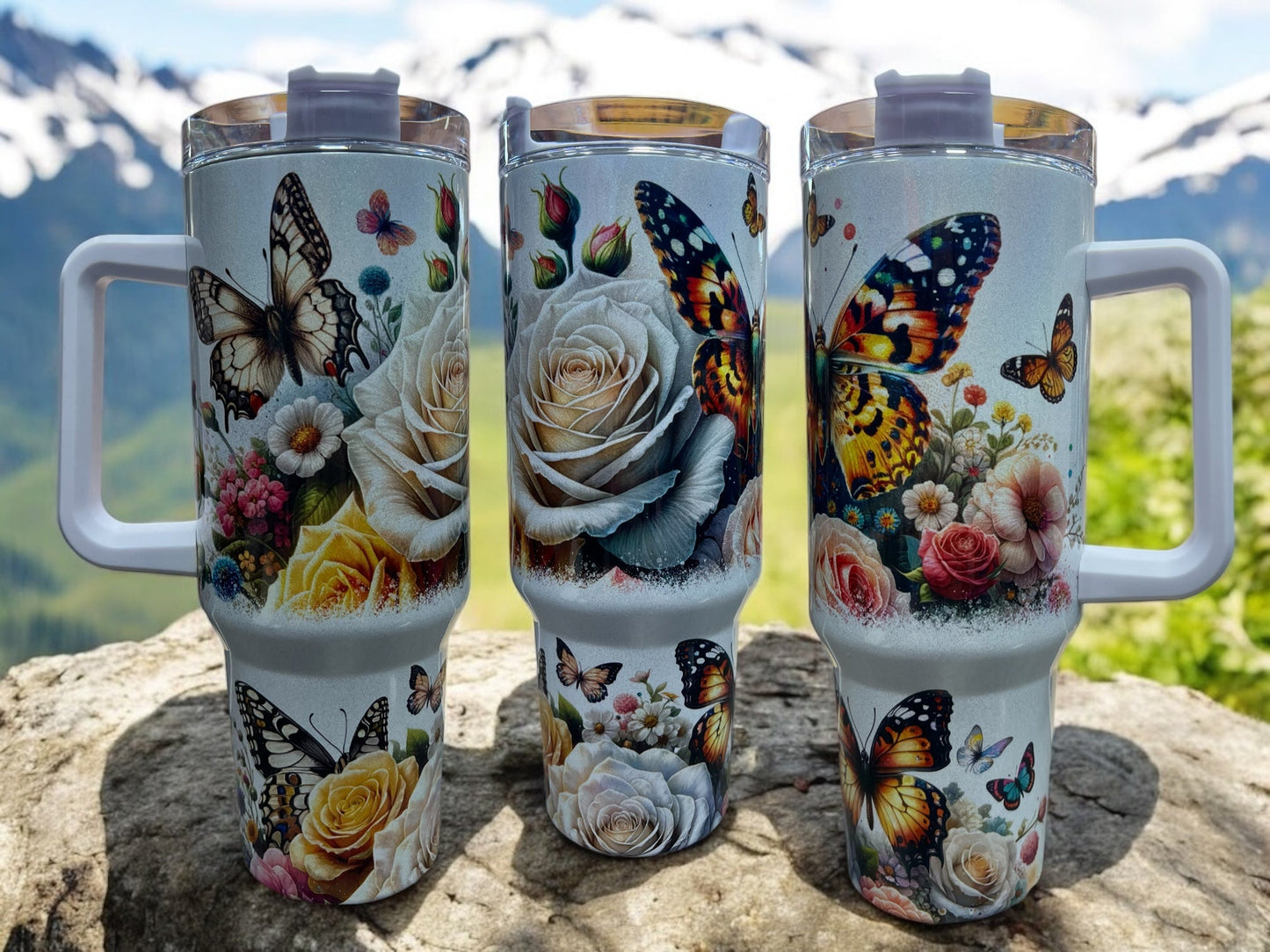 Gorgeous Butterflies with Flowers Holographic Sparkle 40oz Cup Water Bottles - Reusable Portable Drinkware for Everyday Use