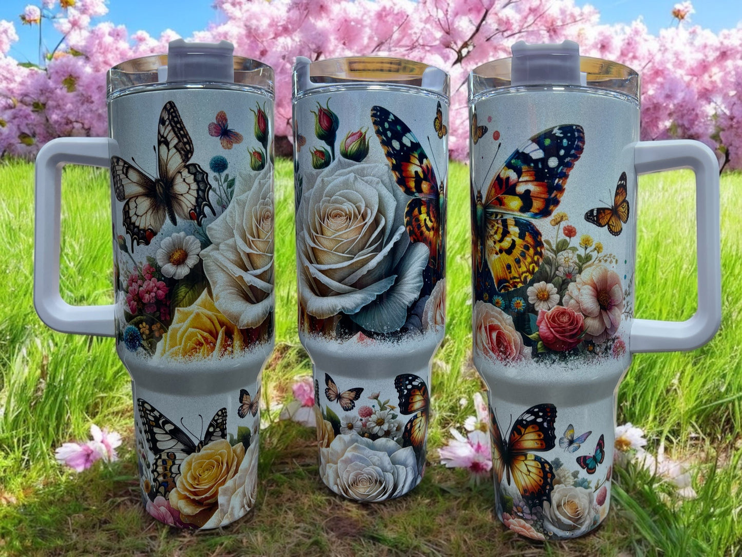 Gorgeous Butterflies with Flowers Holographic Sparkle 40oz Cup Water Bottles - Reusable Portable Drinkware for Everyday Use