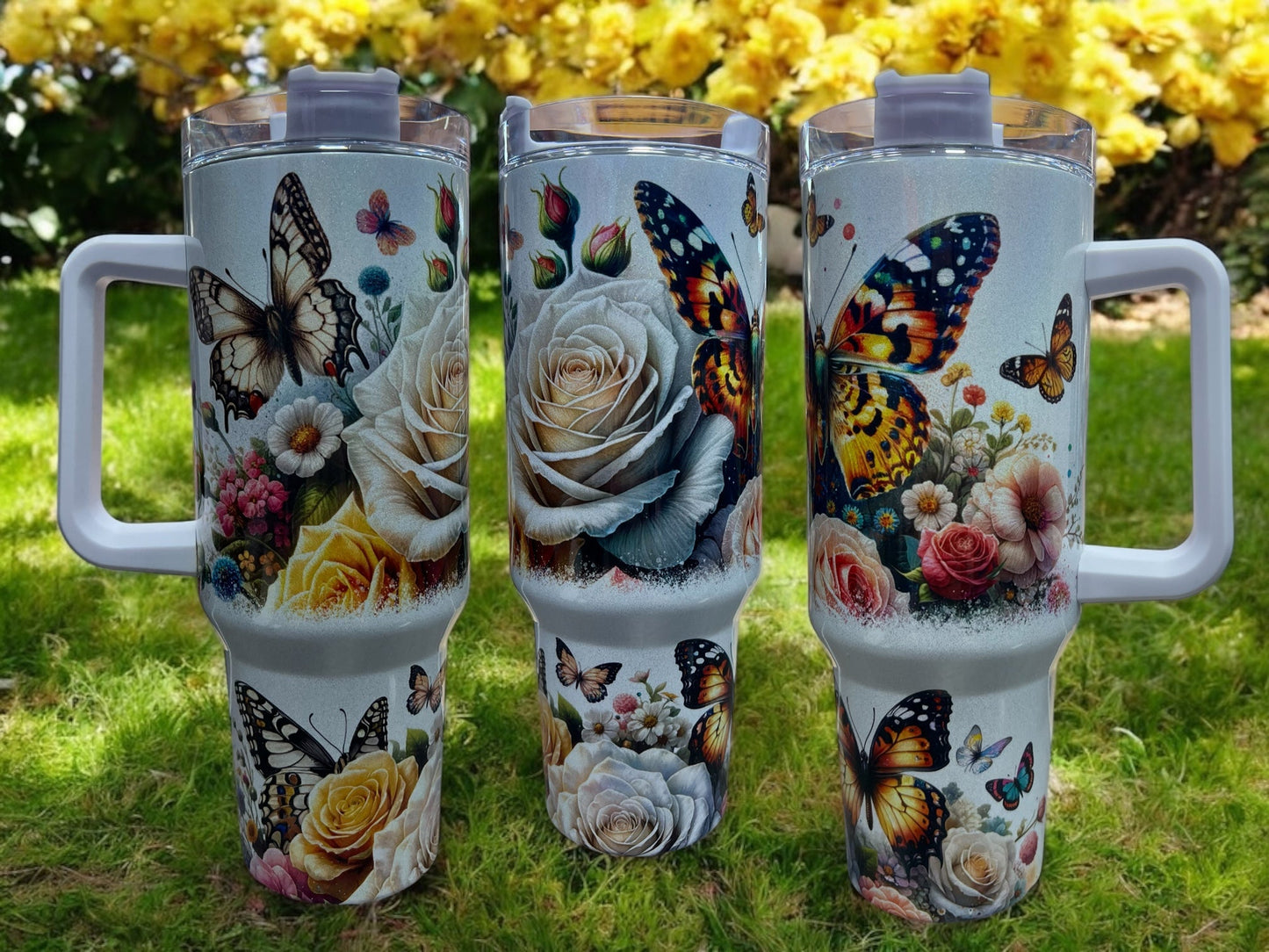 Gorgeous Butterflies with Flowers Holographic Sparkle 40oz Cup Water Bottles - Reusable Portable Drinkware for Everyday Use