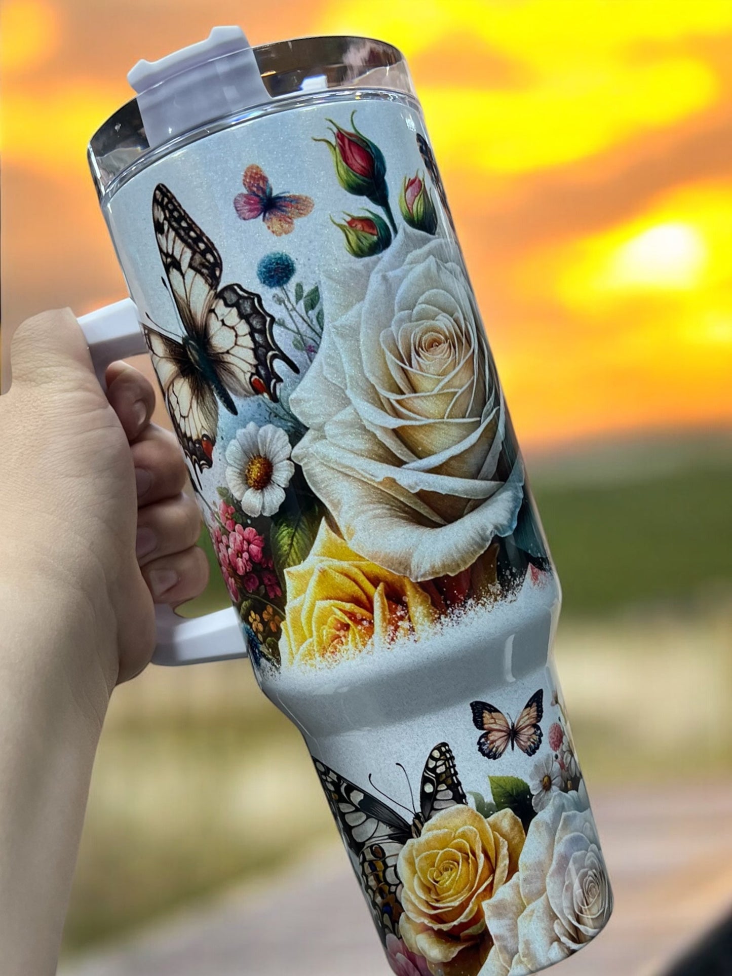 Gorgeous Butterflies with Flowers Holographic Sparkle 40oz Cup Water Bottles - Reusable Portable Drinkware for Everyday Use