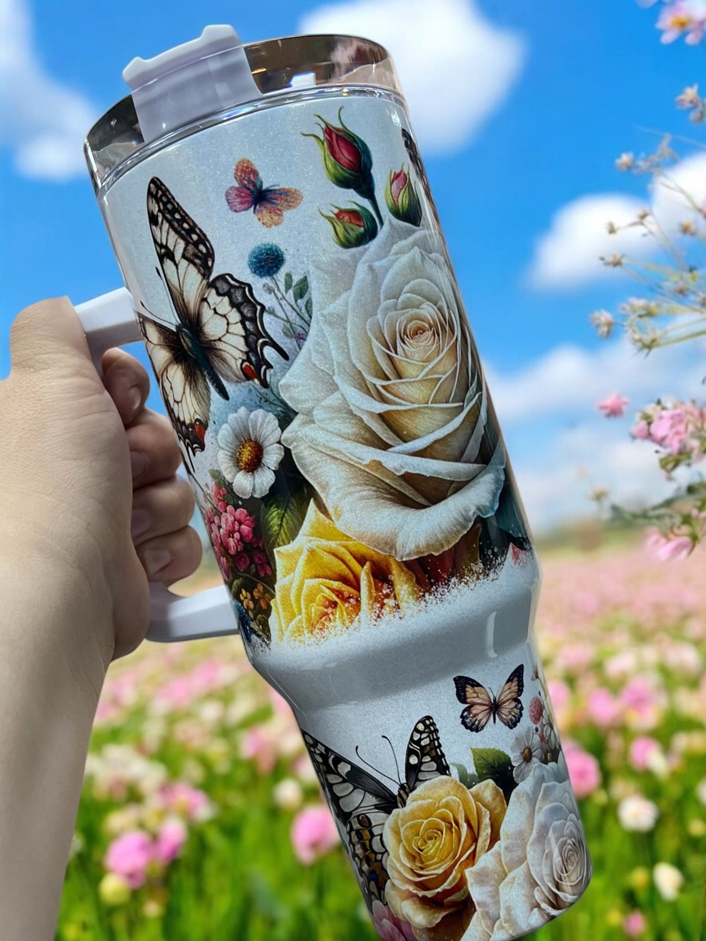 Gorgeous Butterflies with Flowers Holographic Sparkle 40oz Cup Water Bottles - Reusable Portable Drinkware for Everyday Use