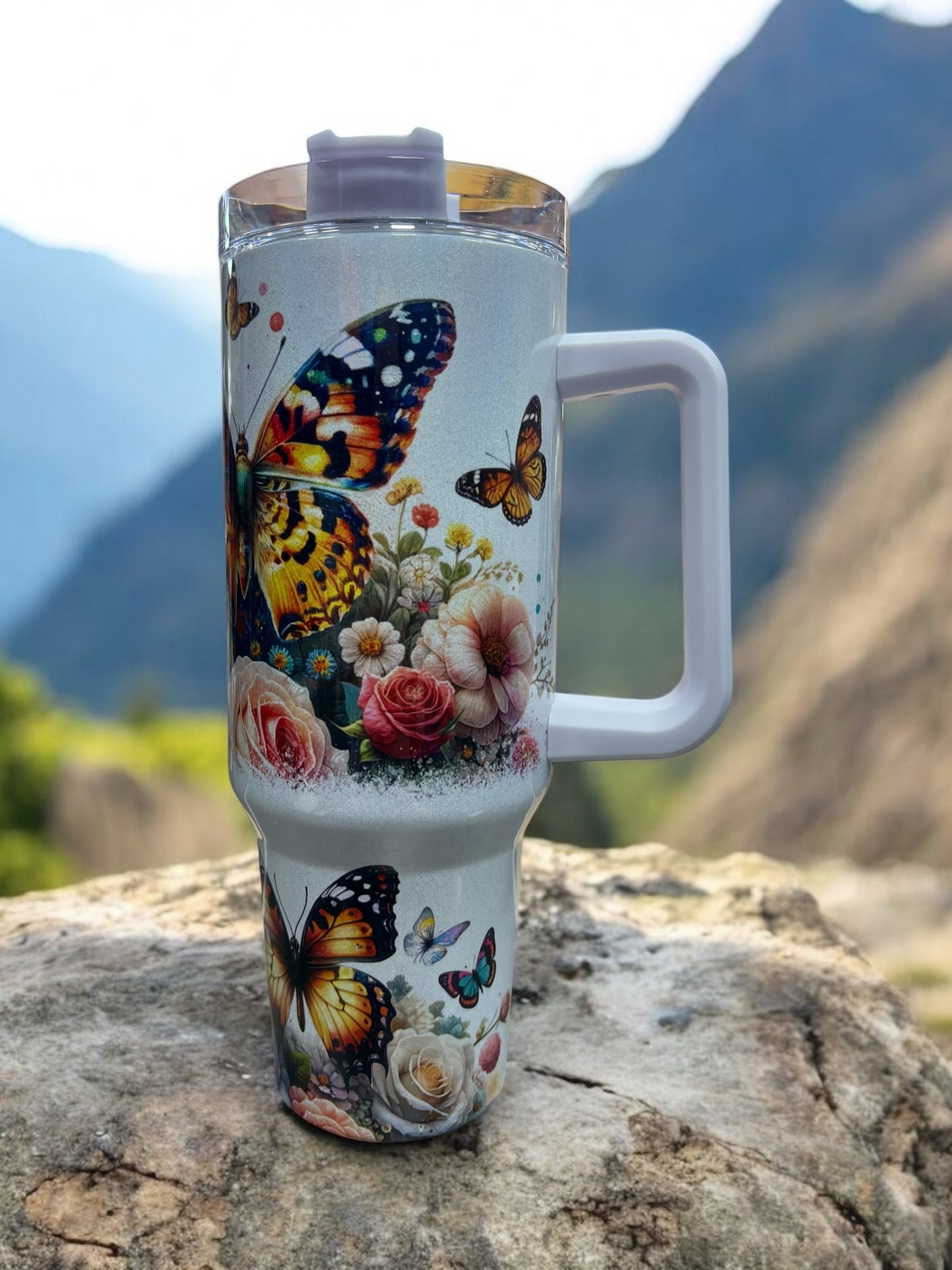 Gorgeous Butterflies with Flowers Holographic Sparkle 40oz Cup Water Bottles - Reusable Portable Drinkware for Everyday Use