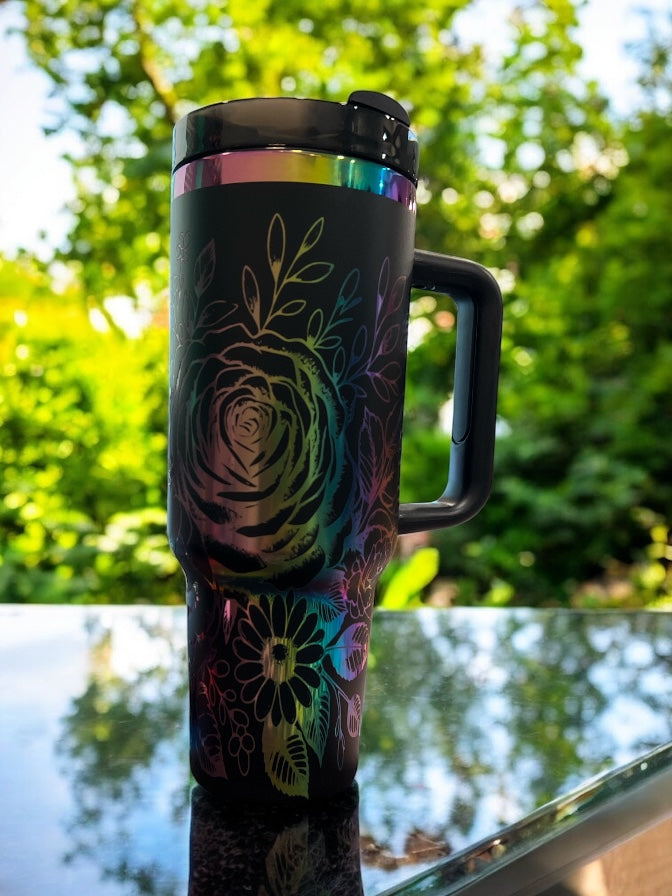 Rainbow engraved roses 40oz Stainless Steel Portable Cup with Handle