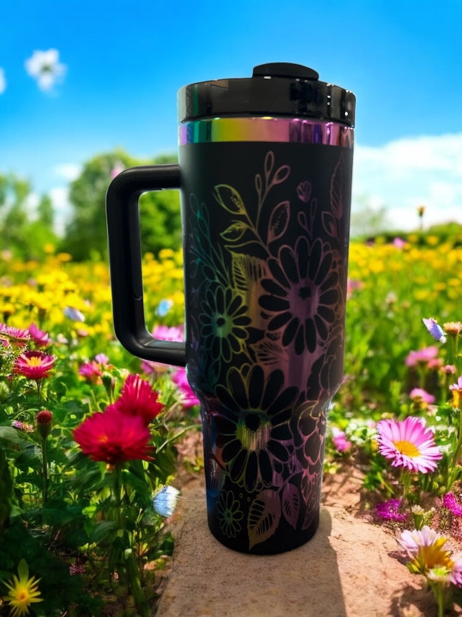 Rainbow engraved roses 40oz Stainless Steel Portable Cup with Handle