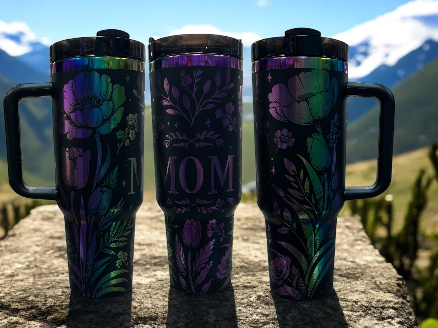 Mom flowers rainbow Engraved- 40oz Stainless Steel Portable Cup with Handle -