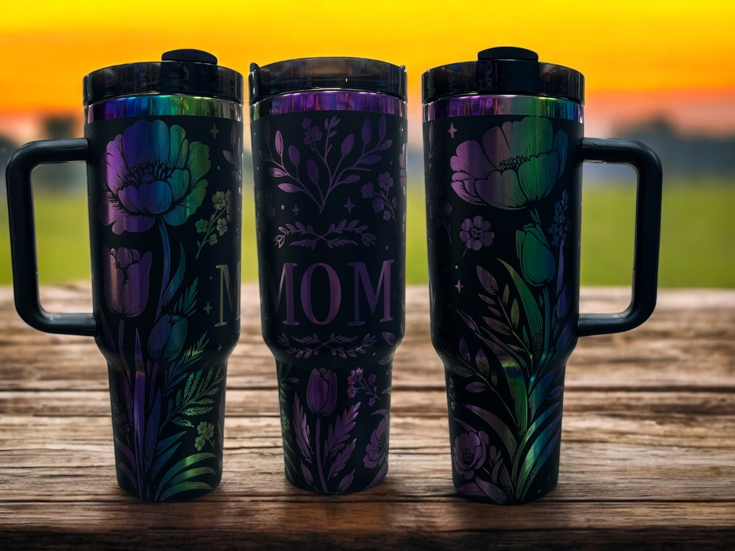 Mom flowers rainbow Engraved- 40oz Stainless Steel Portable Cup with Handle -