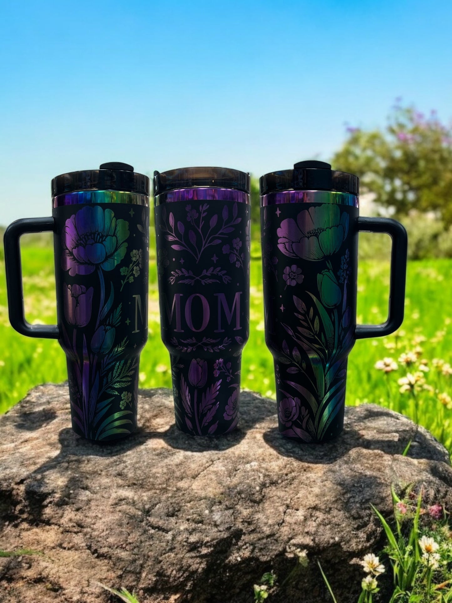 Mom flowers rainbow Engraved- 40oz Stainless Steel Portable Cup with Handle -