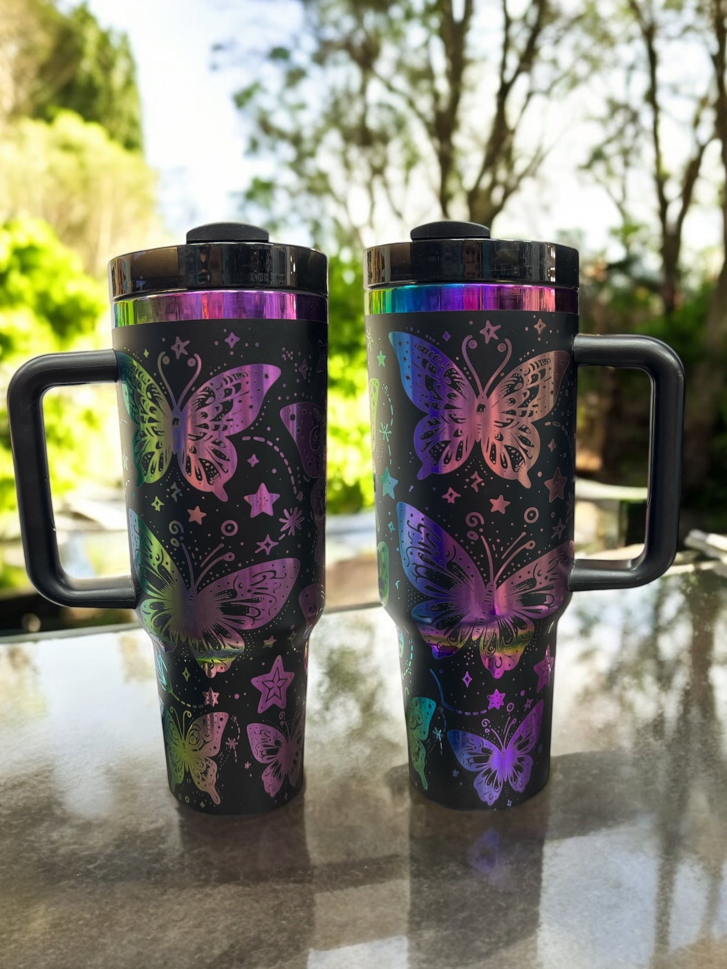 Rainbow engraved Butterflys 40oz Stainless Steel Portable Cup with Handle
