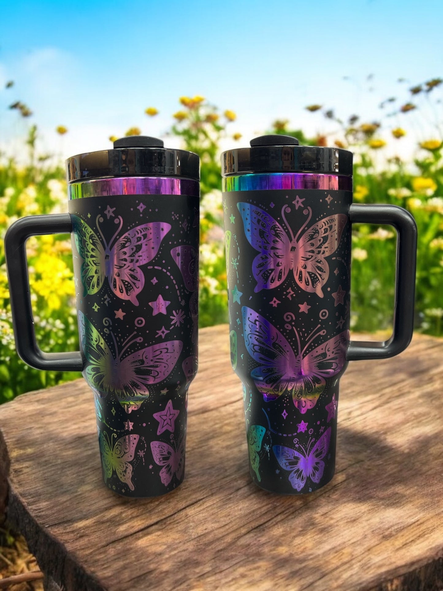 Rainbow engraved Butterflys 40oz Stainless Steel Portable Cup with Handle