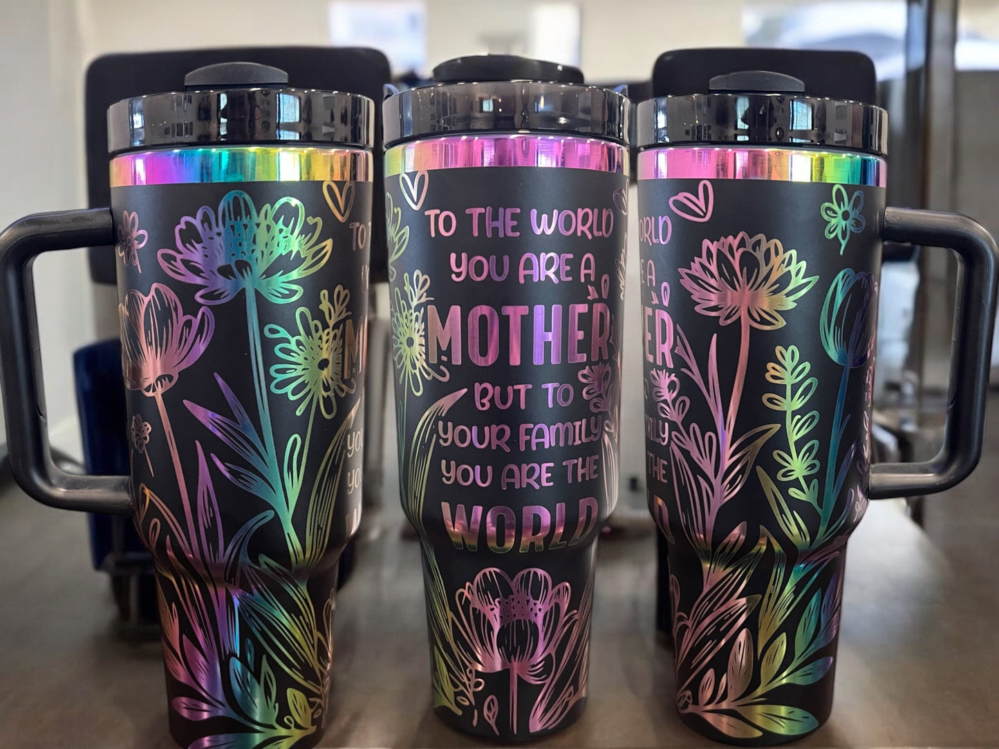 To the World you are a Mother but to your Family your the World rainbow Engraved- 40oz Stainless Steel Portable Cup with Handle
