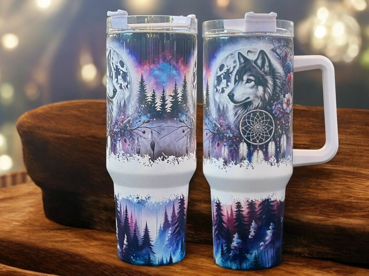 Wolf with Dreamcatchers Flowers -40oz Stainless Steel Thirst Quencher Travel Cups Tumblers Water Bottles
