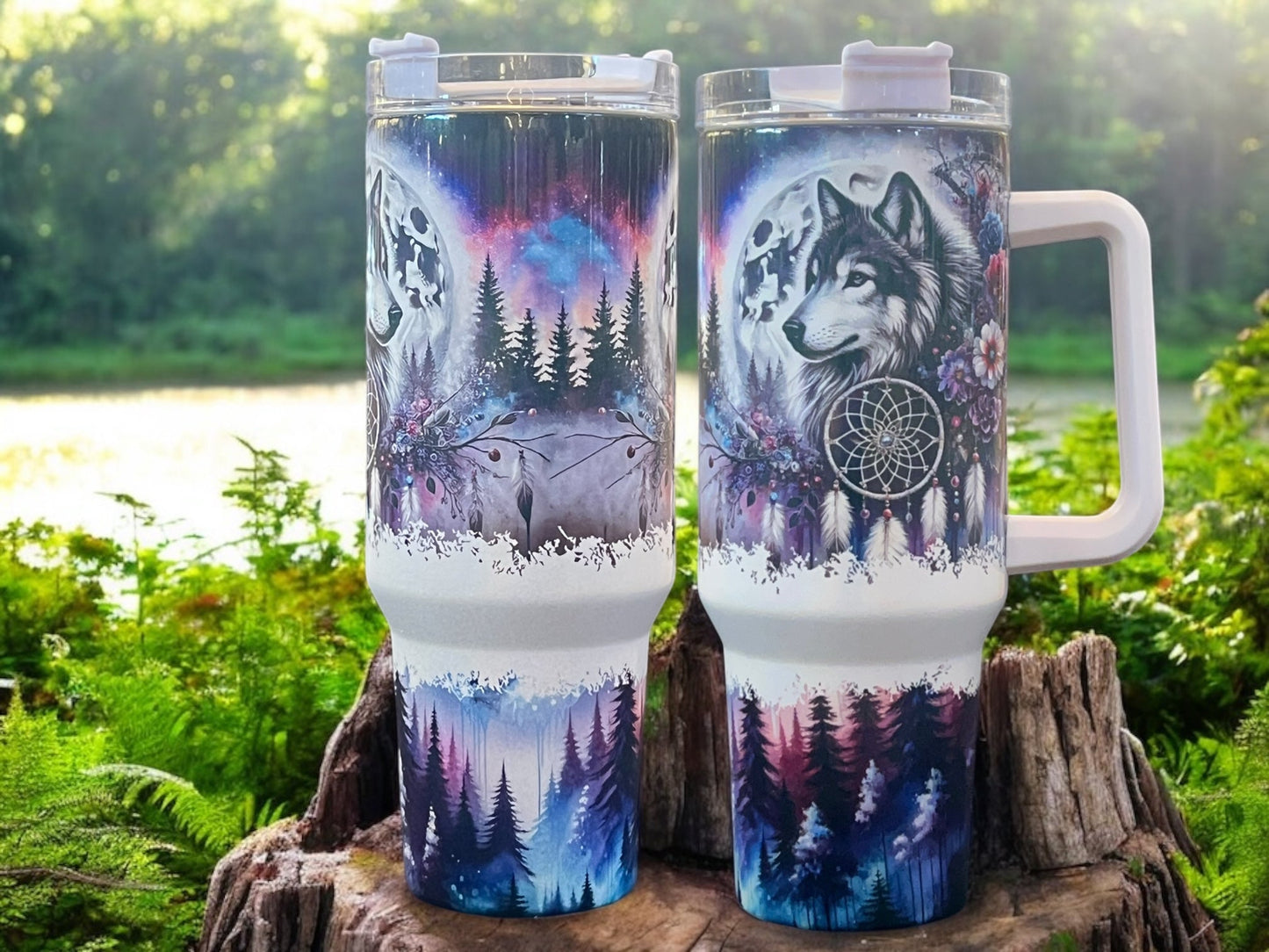 Wolf with Dreamcatchers Flowers -40oz Stainless Steel Thirst Quencher Travel Cups Tumblers Water Bottles