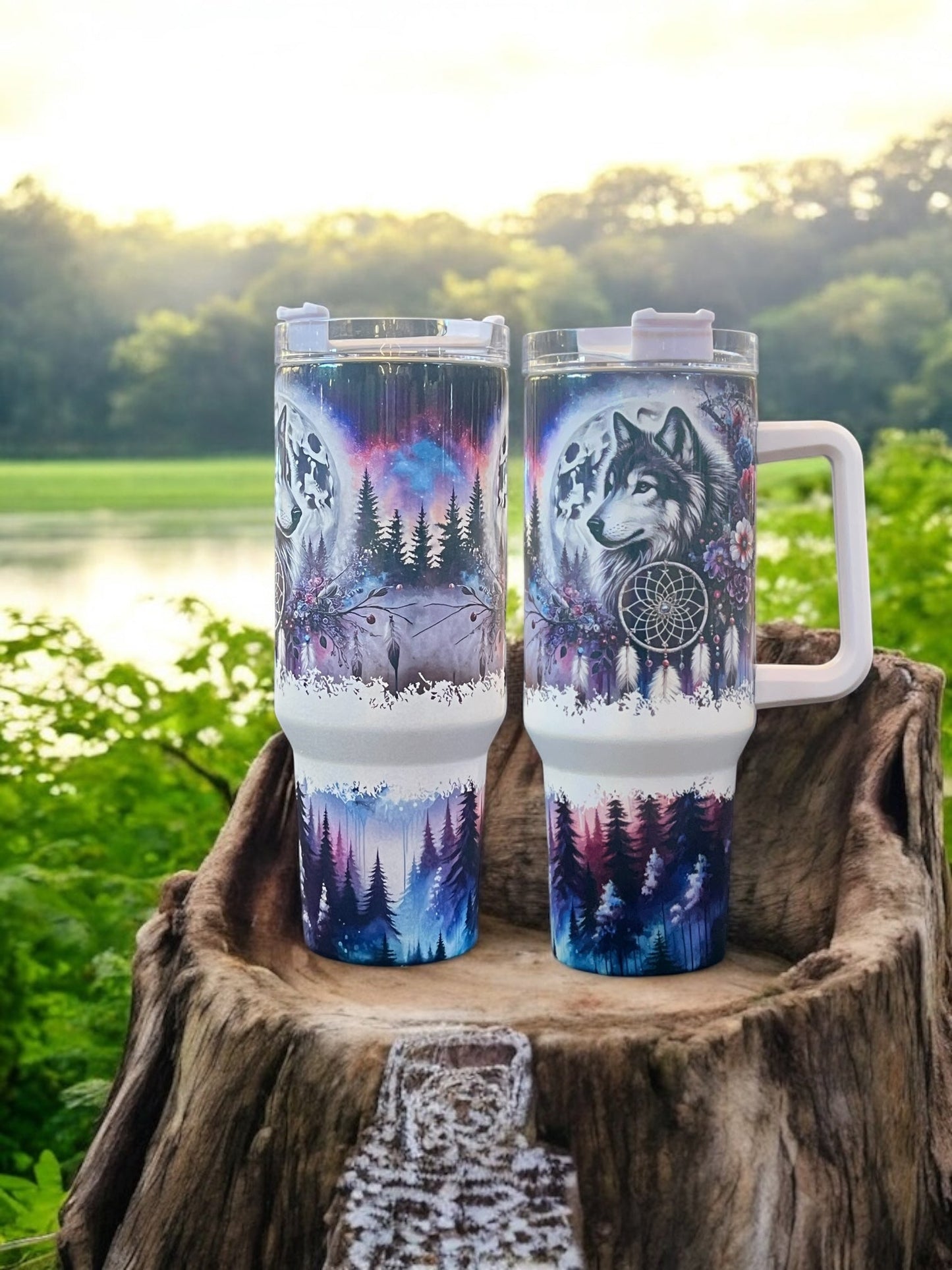 Wolf with Dreamcatchers Flowers -40oz Stainless Steel Thirst Quencher Travel Cups Tumblers Water Bottles