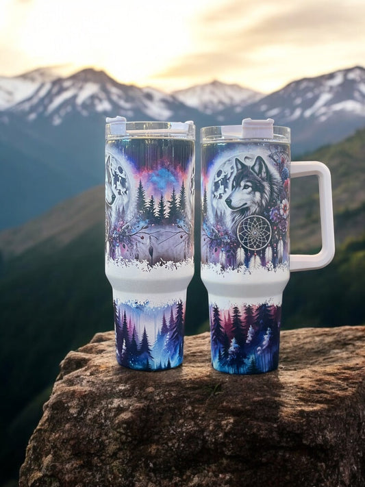 Wolf with Dreamcatchers Flowers  -40oz Stainless Steel Thirst Quencher Travel Cups Tumblers Water Bottles