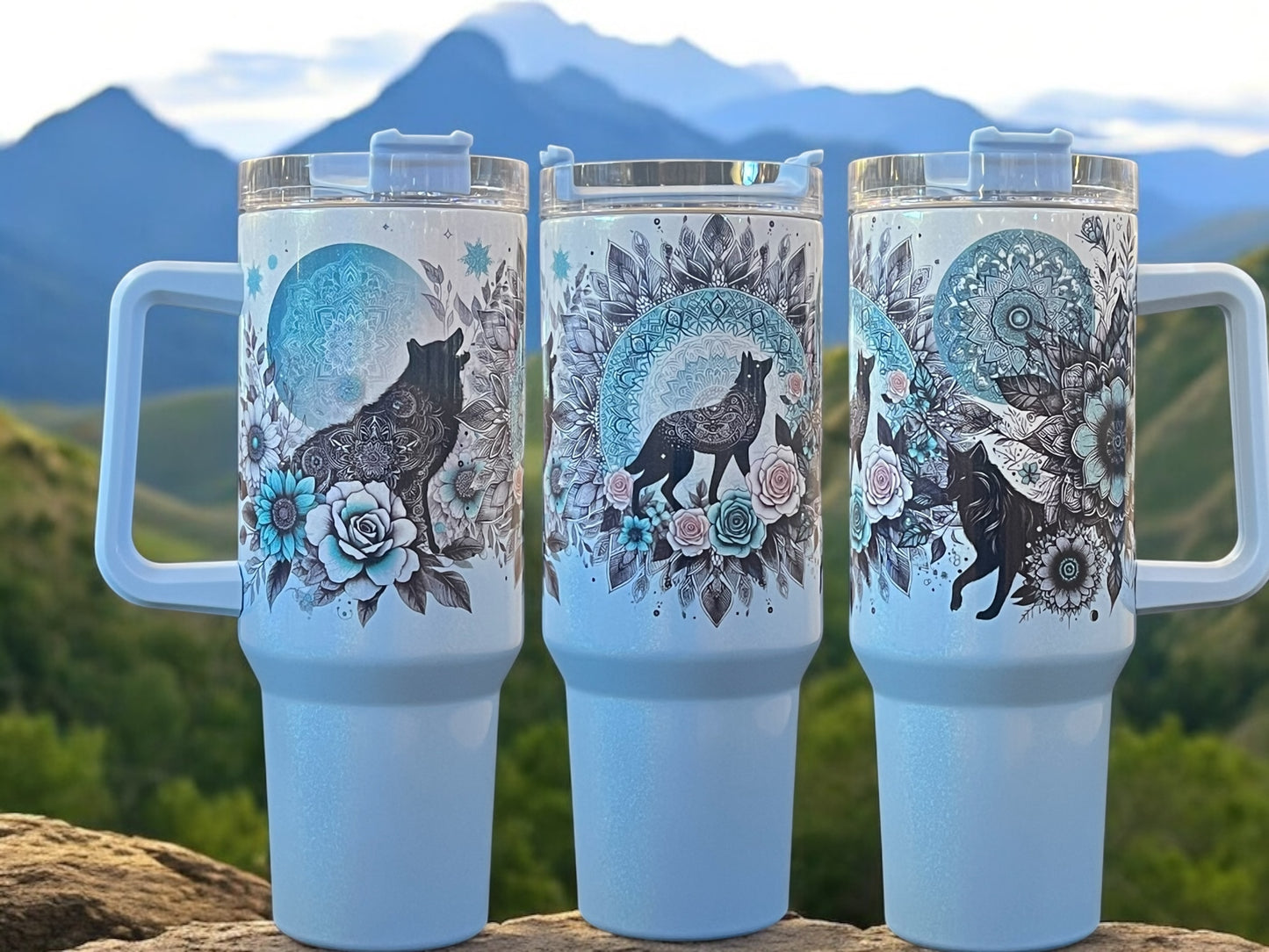 Wolf’s flowers holographic shimmer 40oz Stainless Steel Thirst Quencher Travel Cup Tumblers
