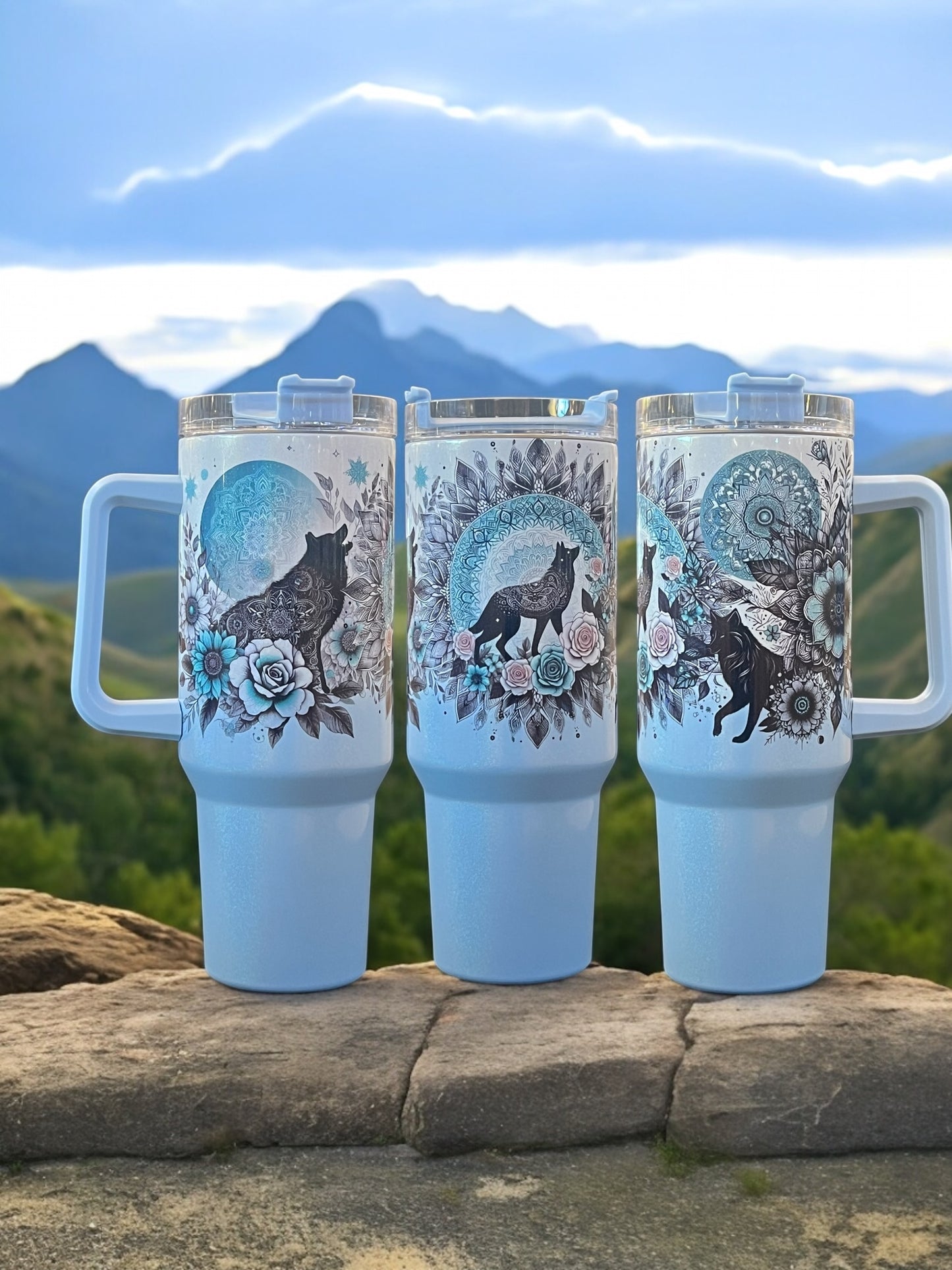Wolf’s flowers holographic shimmer 40oz Stainless Steel Thirst Quencher Travel Cup Tumblers