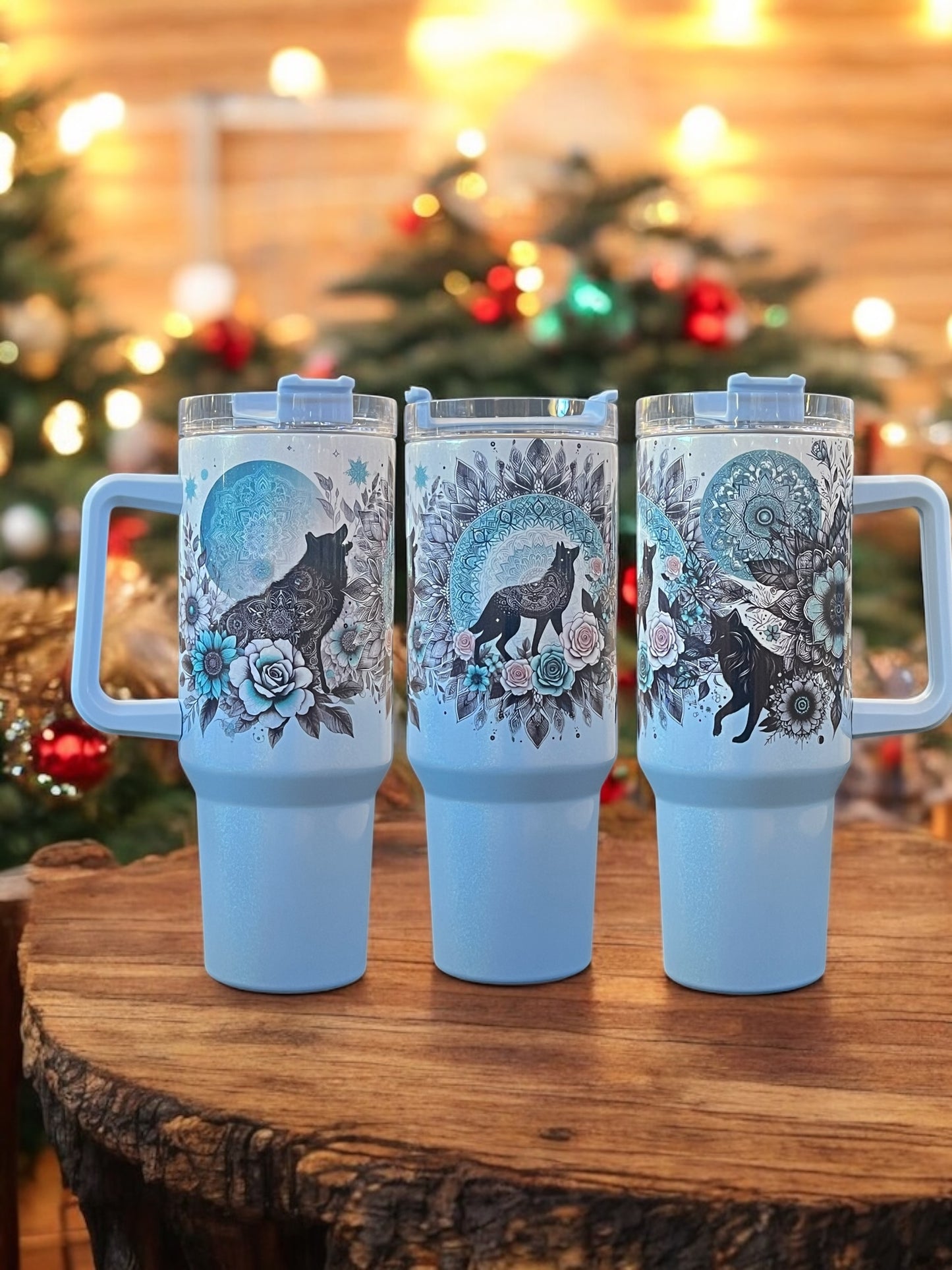 Wolf’s flowers holographic shimmer 40oz Stainless Steel Thirst Quencher Travel Cup Tumblers