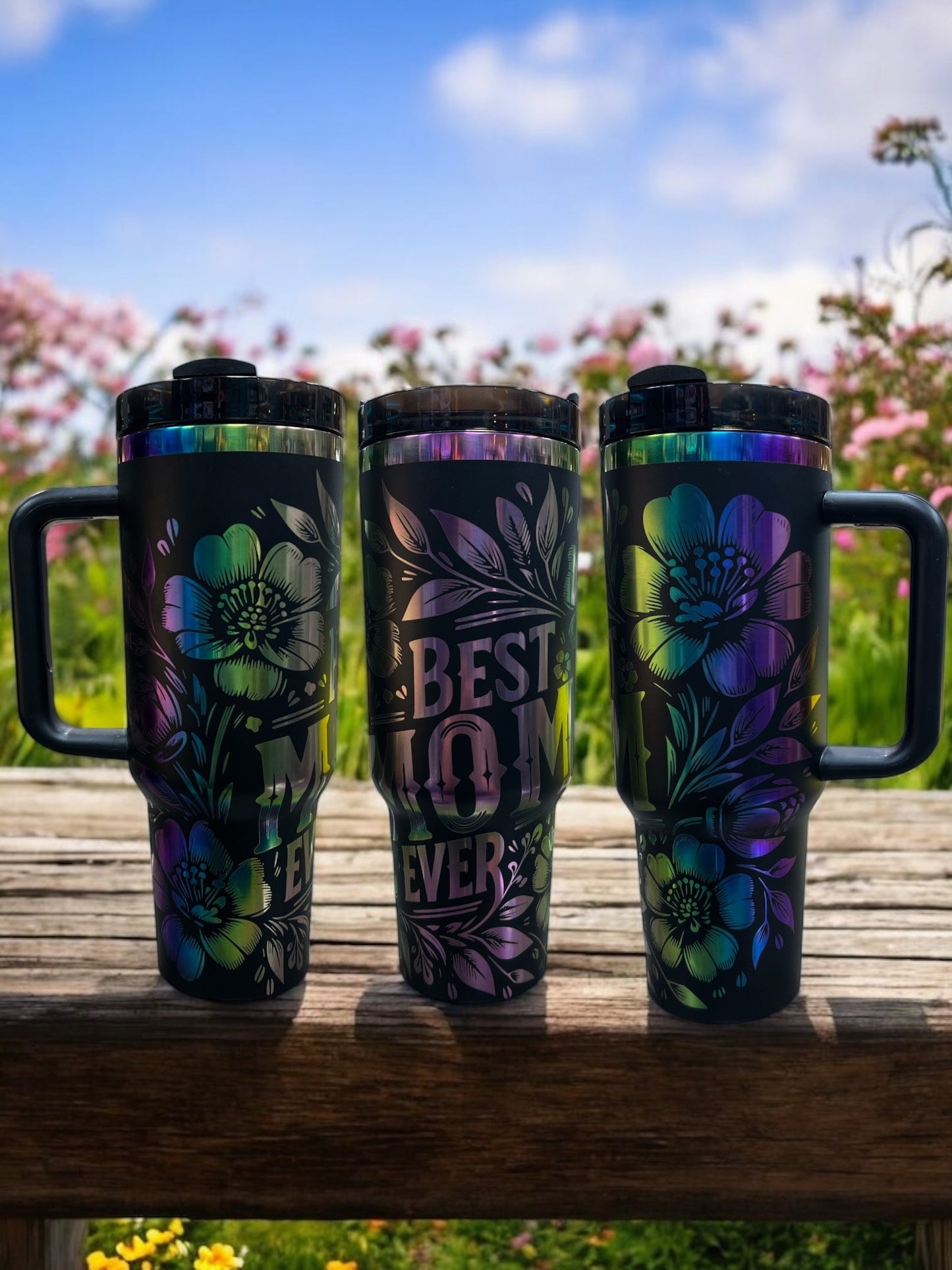 Best mom Ever rainbow Engraved- 40oz Stainless Steel Portable Cup with Handle