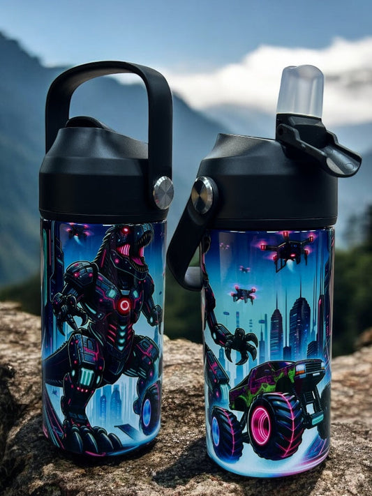 🤖🚛 FUEL UP WITH FUN! 🚛🤖 12oz Stainless Steel Kids Water Bottle – Robot Monster Truck Design