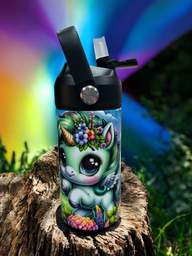 ๐ฆ๐ฟ SIP WITH MAGIC & BLOOM! ๐ฟ๐ฆ 12oz Stainless Steel Kids Water Bottle โ Green Flower Unicorn Design
