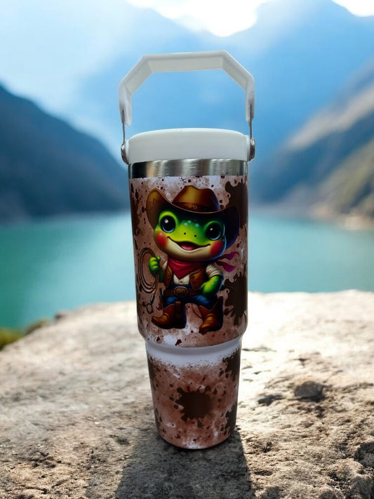 🐸🤠 SIP LIKE A RODEO STAR! 🤠🐸 30oz Stainless Steel Water Bottle – Cowboy Frog Design