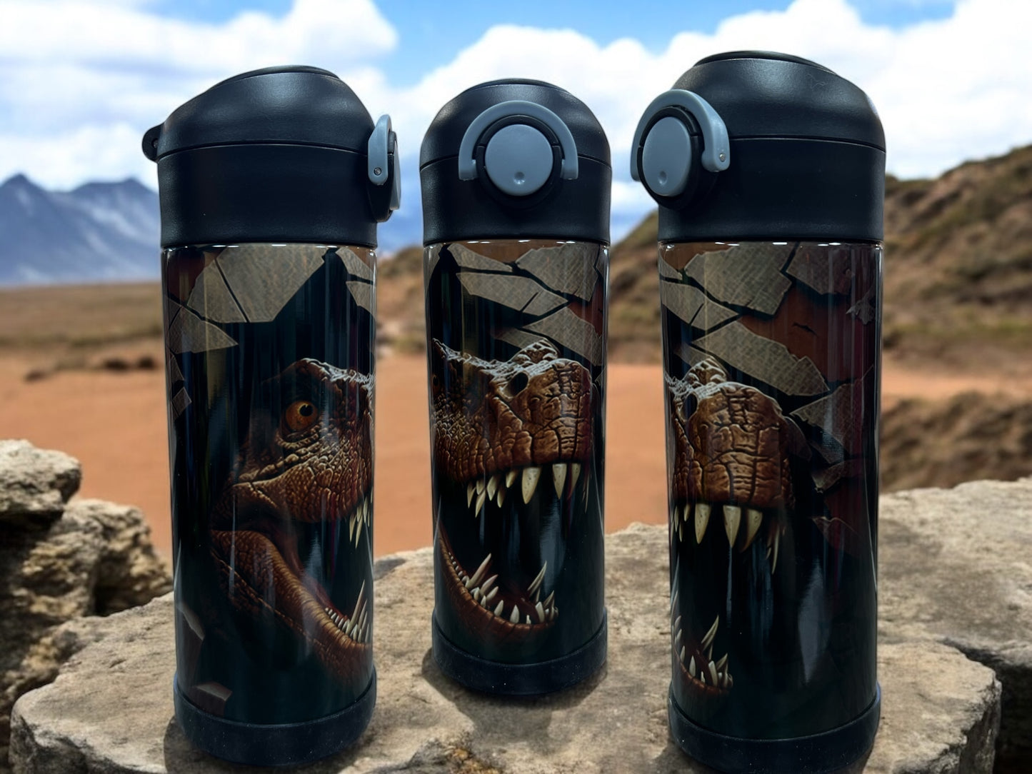 12oz kids Stainless steel water bottles - Dinosaurs in hole in wall