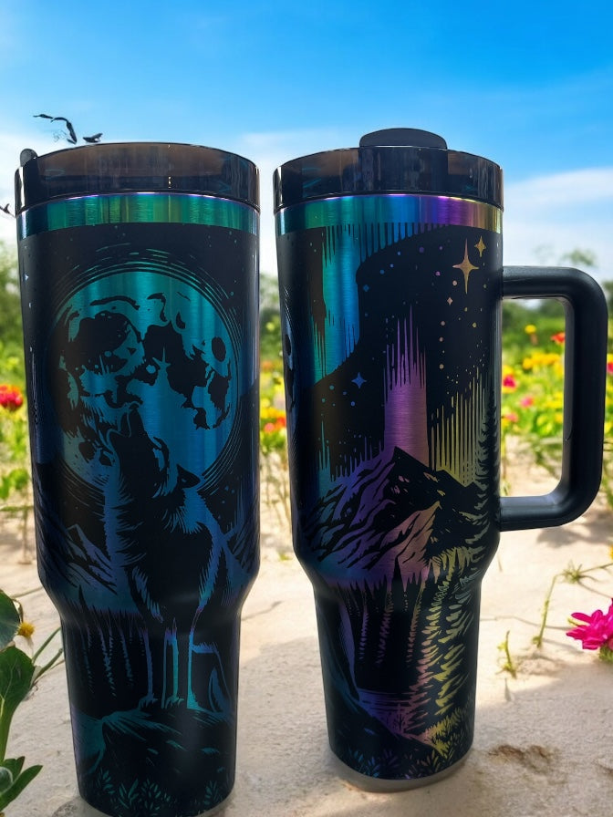 Rainbow Engraved wolf 40oz Stainless Steel Thirst Quencher Travel Cup Tumblers
