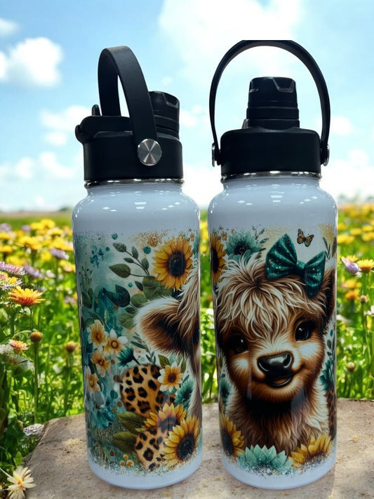 Teal Bow  Cow in bucket 32 ounces Sports Water Bottles