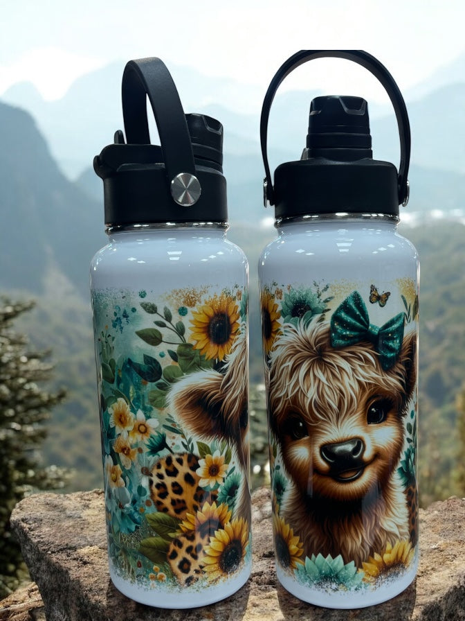 Teal Bow Cow in bucket 32 ounces Sports Water Bottles