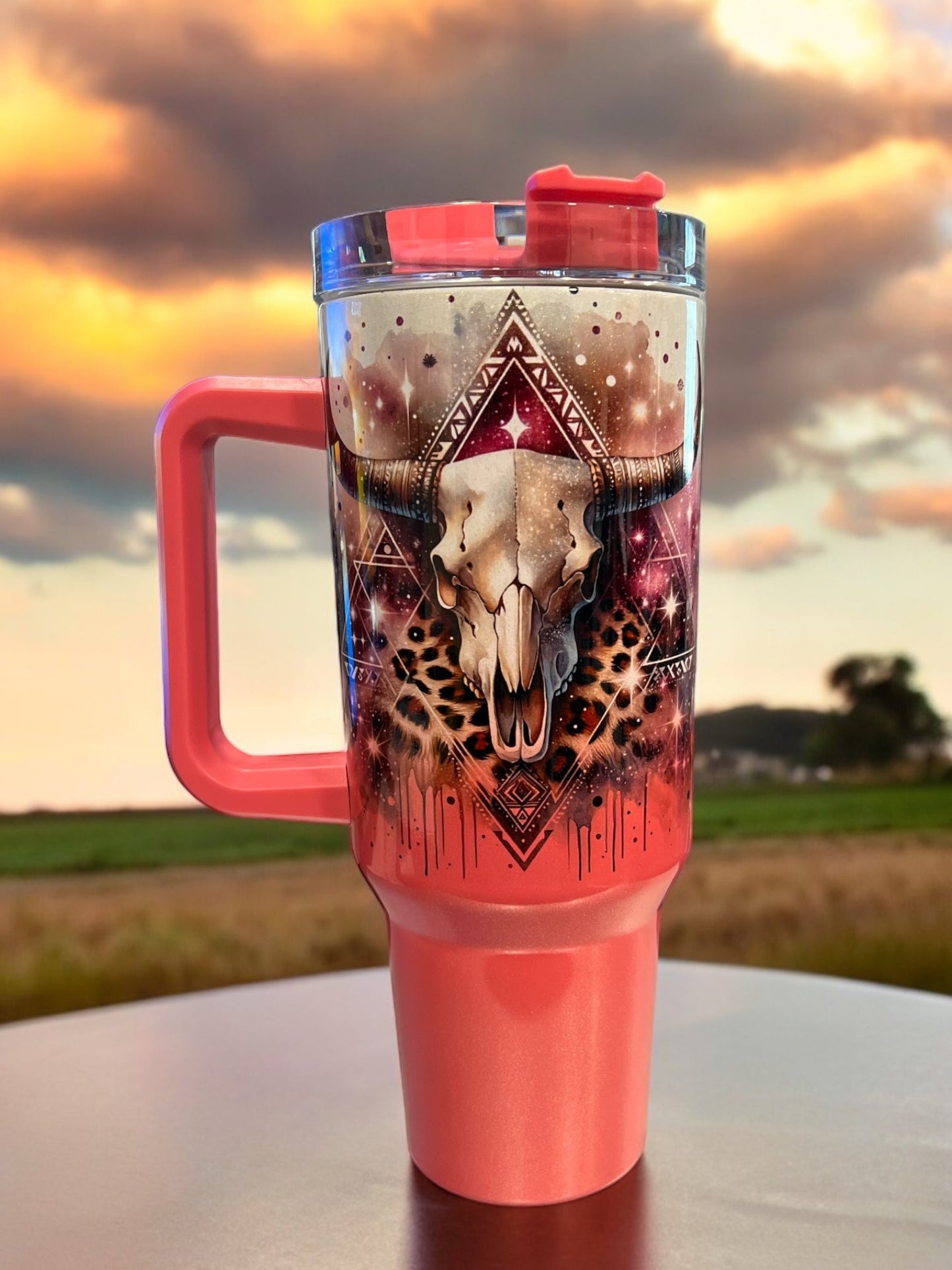 40oz Stanley Style Thirst Quencher Tumblers -cow skull- pink/white  holographic glitter
